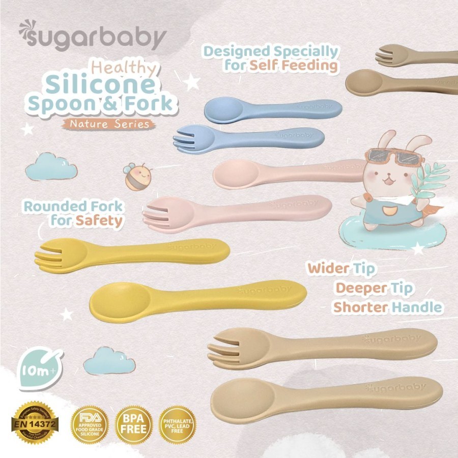Sugar Baby - Healthy Silicone Spoon and Fork Nature Series / Heat Sensing Safety Spoon 2pcs // CHILDREN SPOON DAN FORK // Sugar Baby Pre Spoon 2 Stages