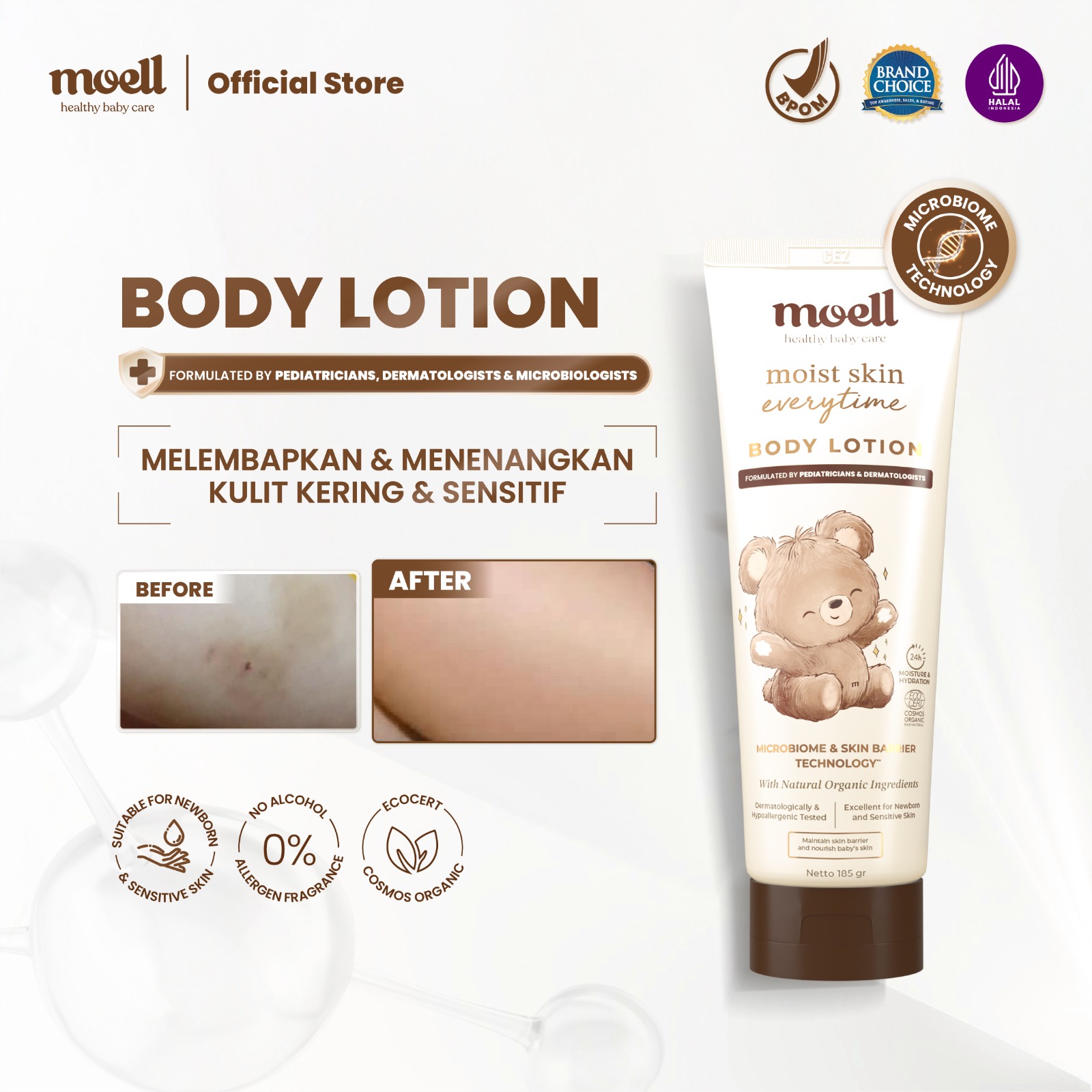 [Baru] Moell Body Lotion Bayi Travel Size 80gr - Melembapkan Kulit Badan Anak - Perawatan Kulit Kering dan Sensitif - Pelembap Bayi Anak Daily Use - Sensitif Kering Ruam - Skincare Bayi Formulasi Dokter dengan Microbiome Teknologi - Skincare Anak