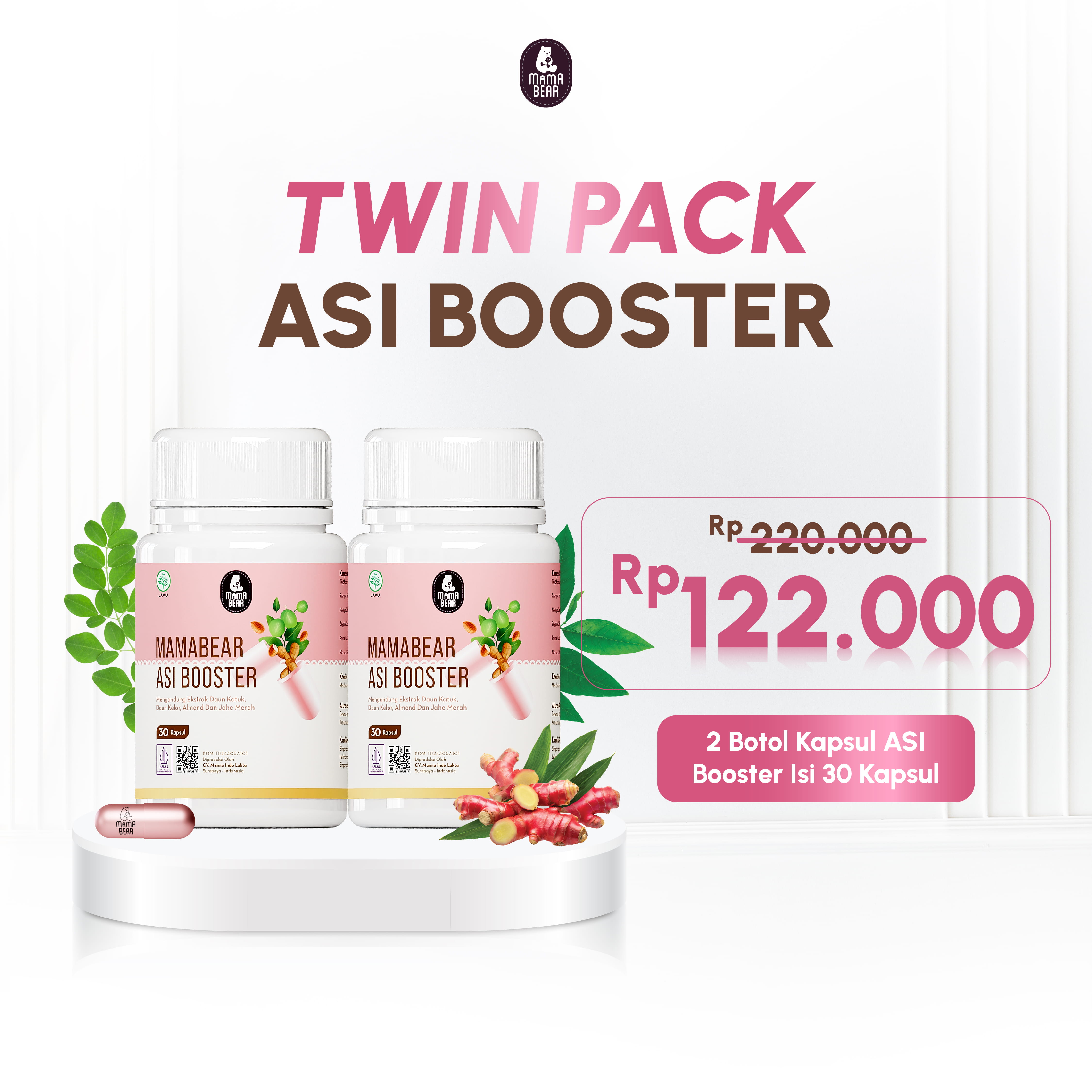 [TWIN PACK] MamaBear TWIN PACK ASI Booster Isi 30 Kapsul [2 PCS] Pelancar ASI Fenugreek Free Halal BPOM