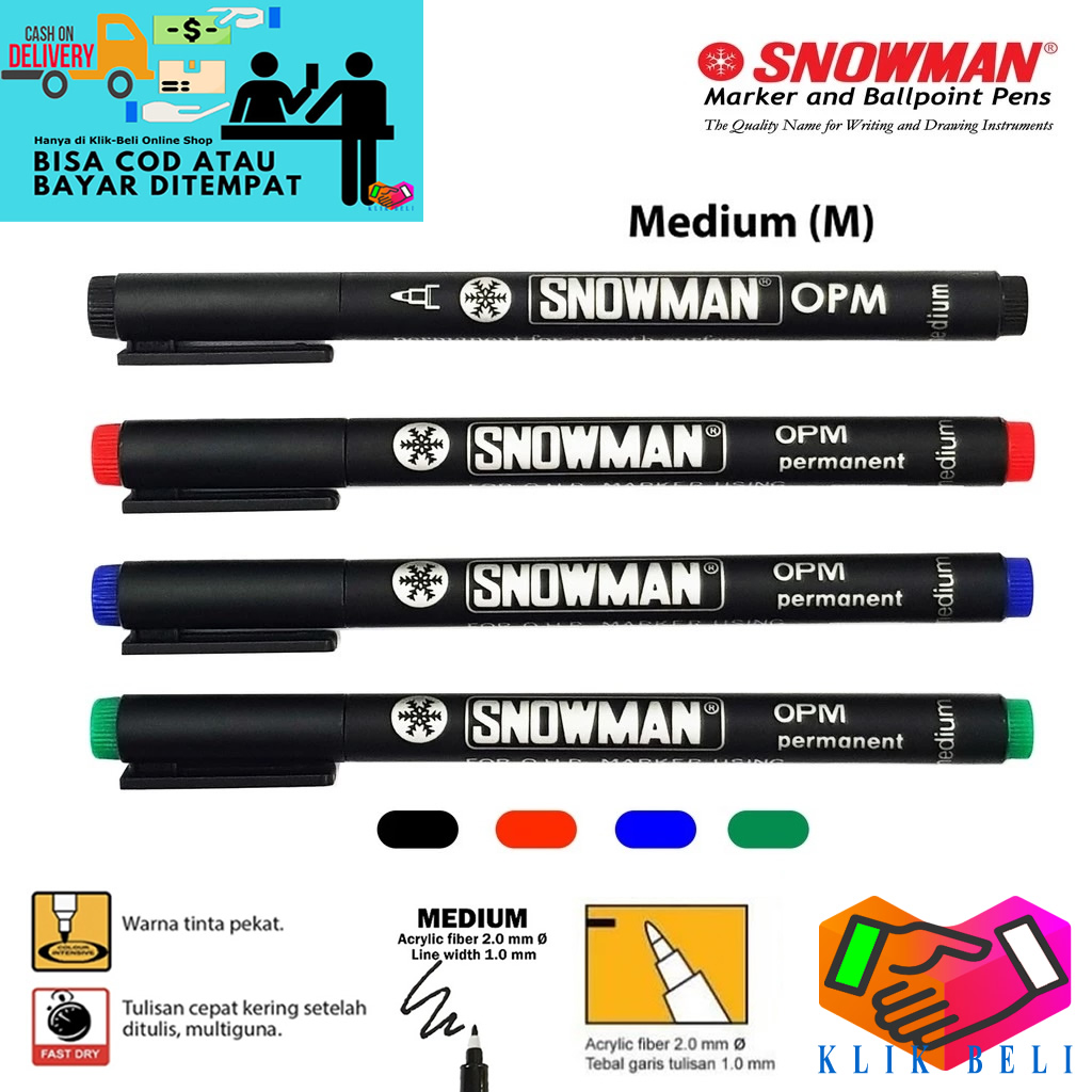 Klik-Beli Snowman Drawing Pen OPM Medium 1.0 mm - OHP Marker Spidol Pulpen Permanent Tinta Pigment Waterbased