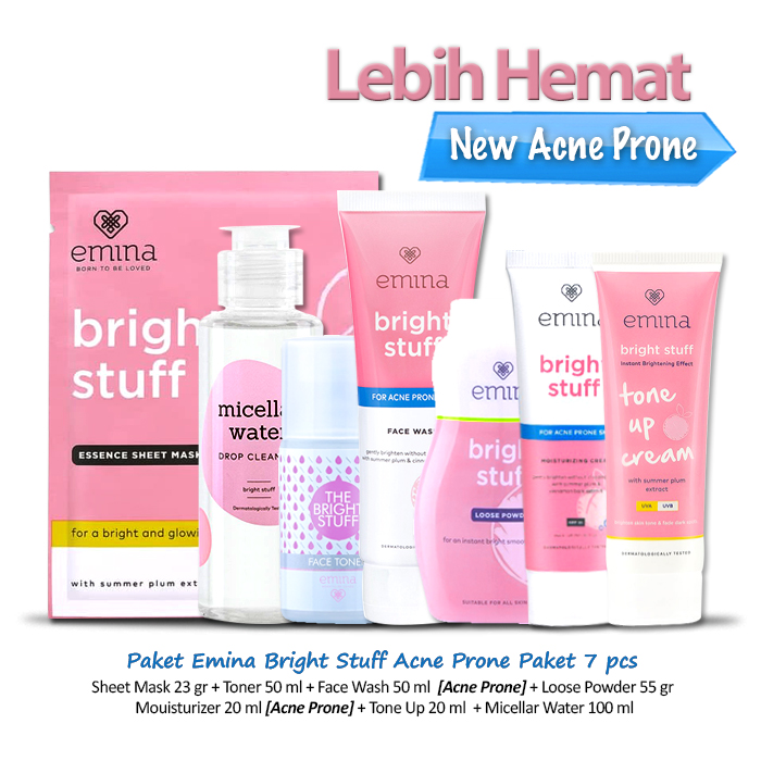 Paket Lengkap Emina Bright Stuff Acne Prone 7 pcs (Sheet Mask 23 gr - Toner 50 ml - Face Wash [Acne Prone] - Loose Powder 55 gr - Mouisturizer 20 ml [Acne Prone] - Tone Up 20 ml - Micellar Water 100 ml )