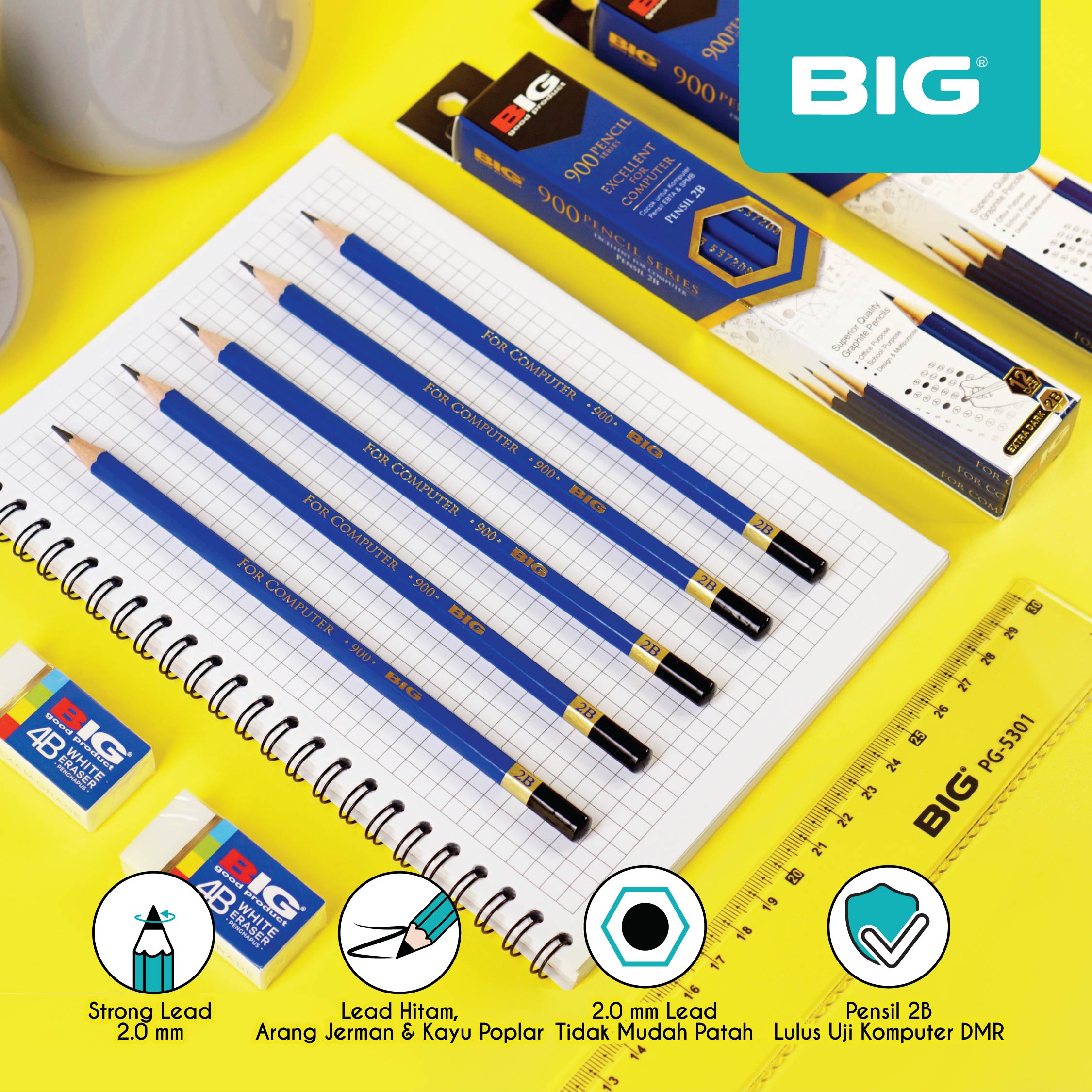 Pensil Pencil 2B BIG Standar Ujian Komputer Graphite Pencil Extra Dark PS-900-12 Pcs