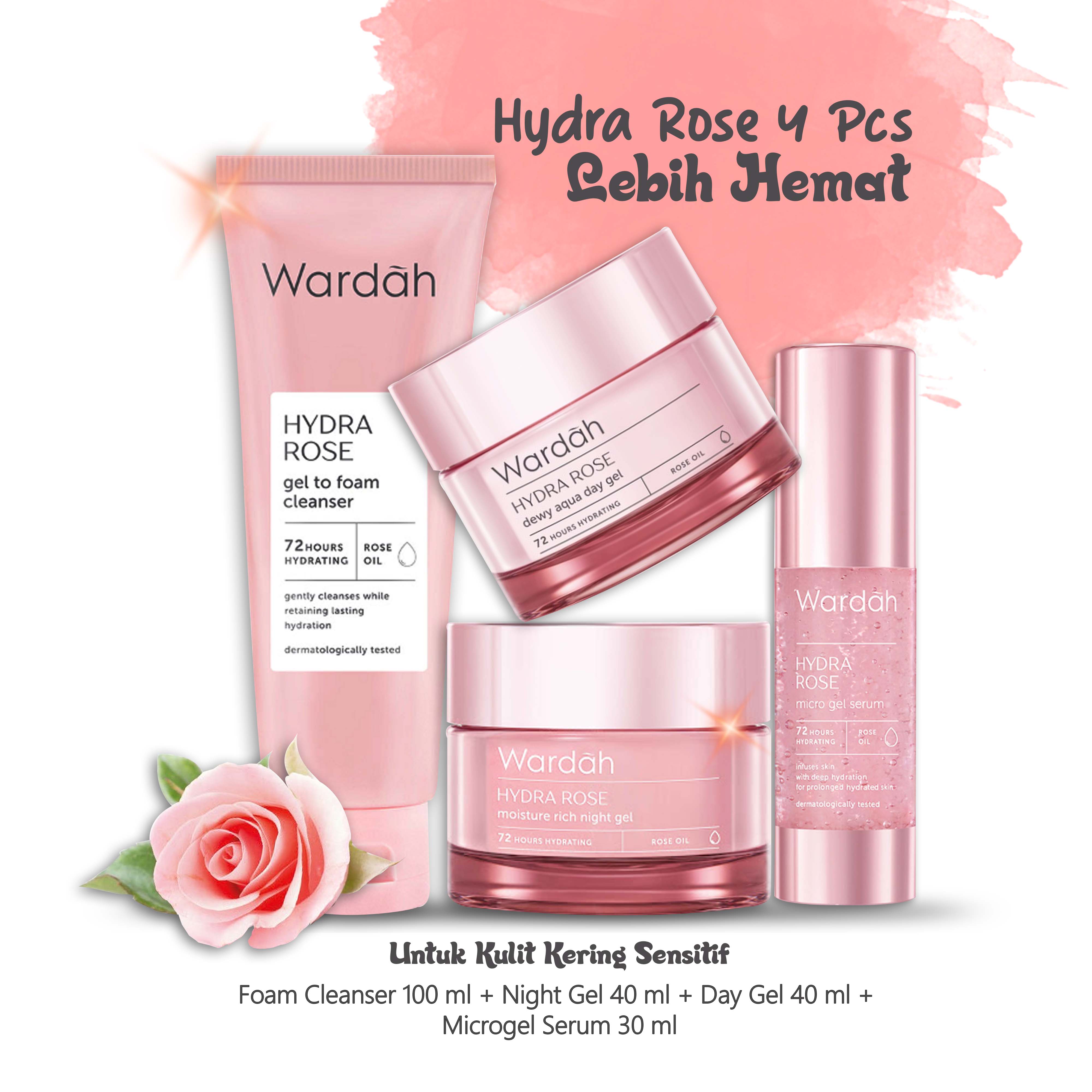 Paket Spesial Wardah Hydra Rose 4 pcs (Foam Cleanser 100 ml + Gel Serum 30 ml + Night Gel 40 gr + Day Gel 40 gr) Kemasan Besar