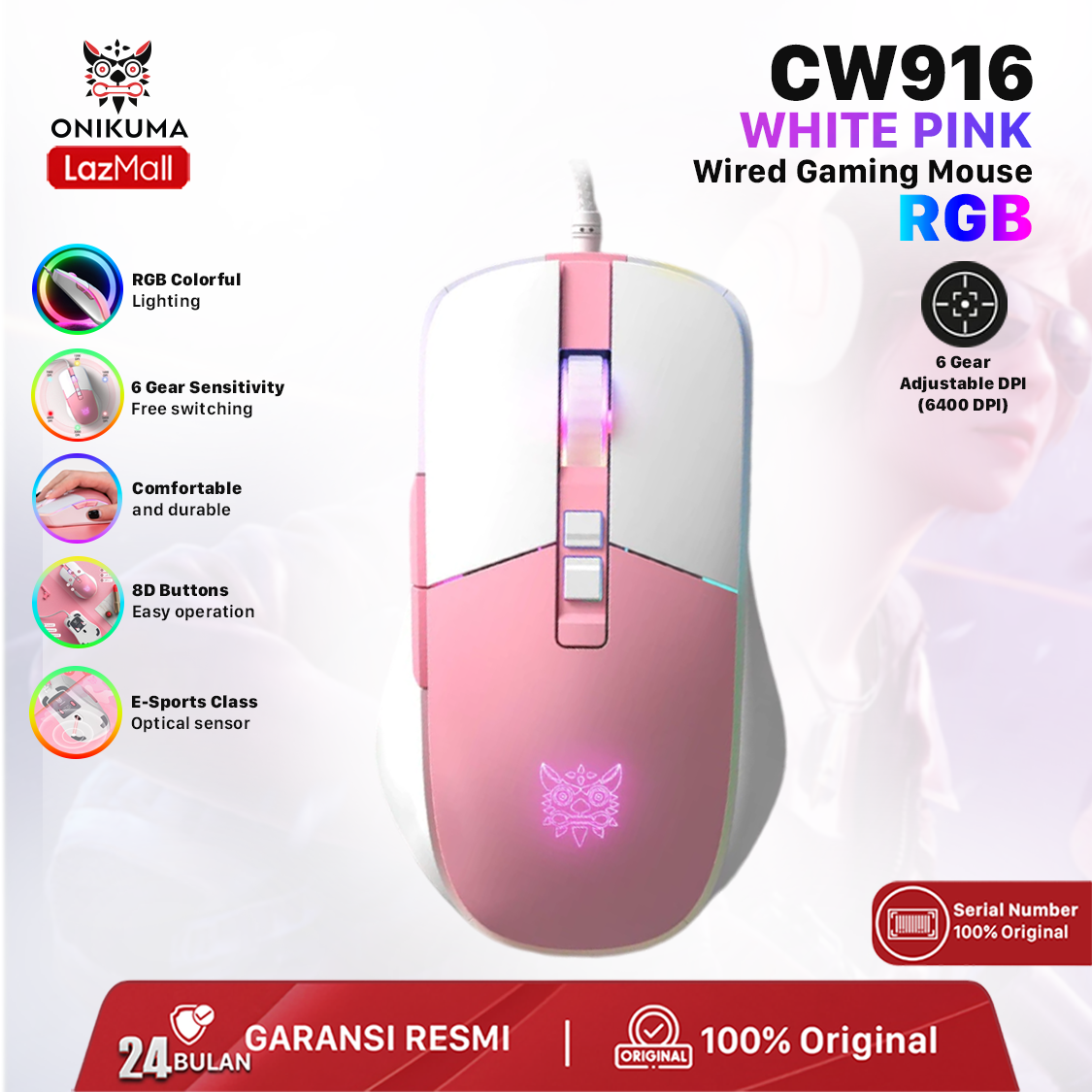 ONIKUMA CW916 Mouse Gaming White Pink Wired With RGB 2024 Backlight