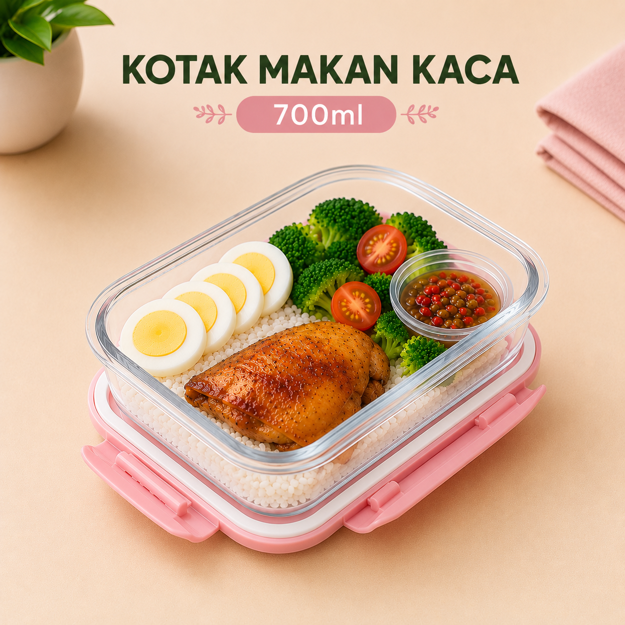 Aveline Tempat Makan Bekal Kaca Lunch Box Bersekat Anti Tumpah /Kotak Makan Siang Kaca Tahan Panas 1040 ml