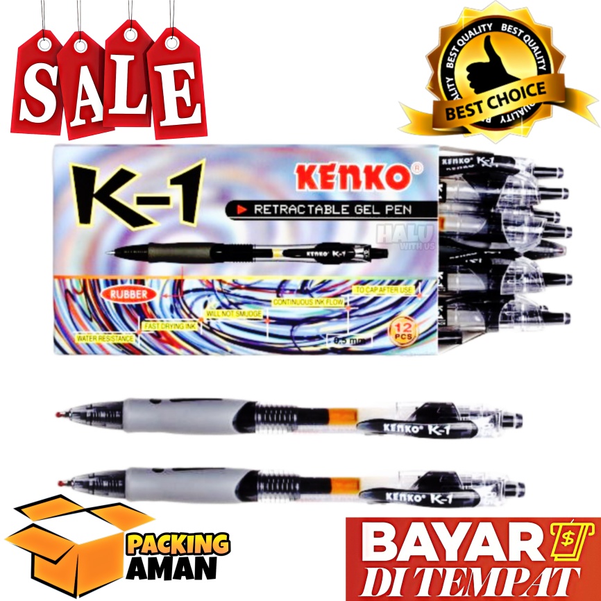(BISA COD) PROMO 12 Pcs Pulpen Kenko K1 Hitam / Gel Pen Kenko K-1 / Bolpen / Pena