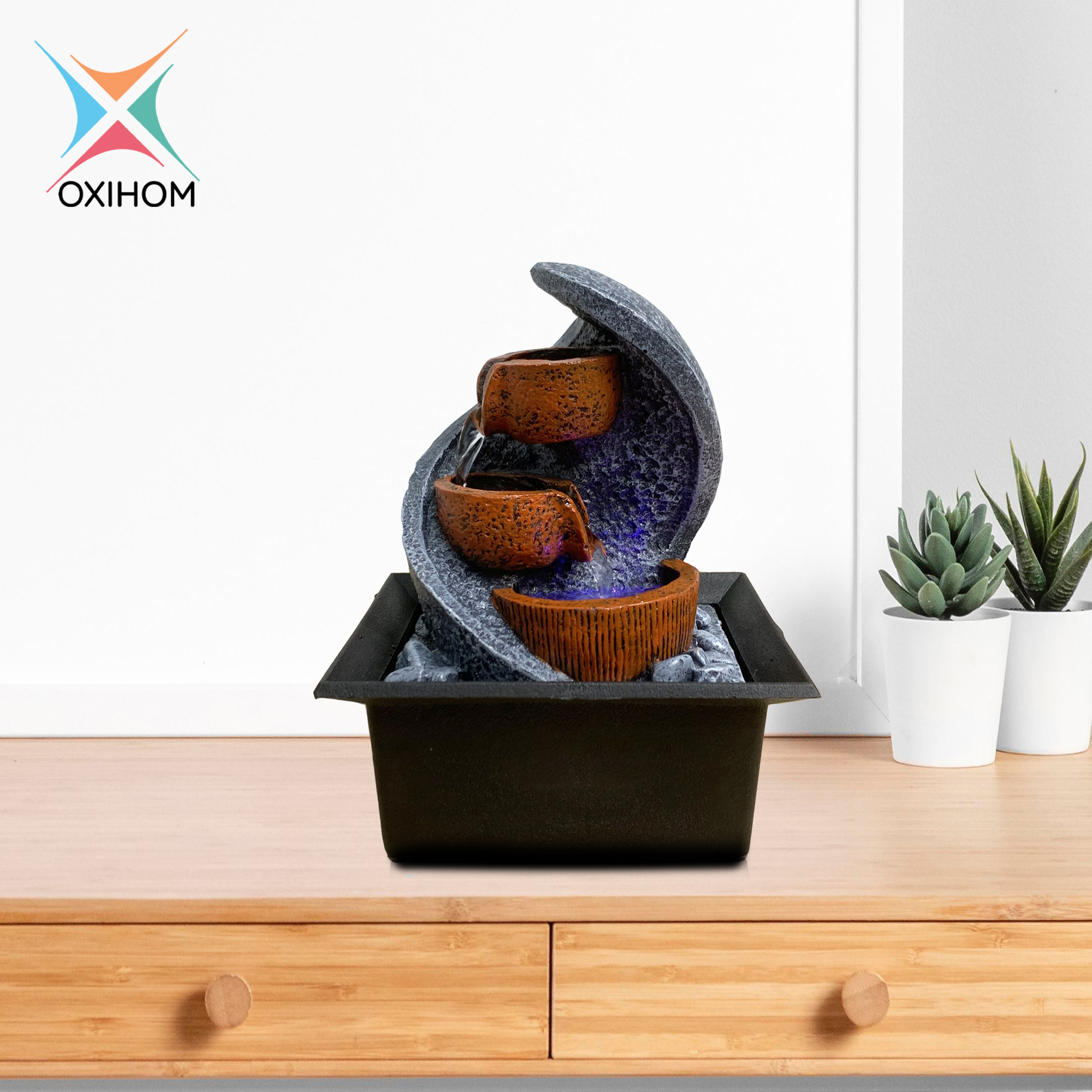 Oxihom W501 Water Fountain Ornament Articles Taman Air Mancur Mini Garden Abstrak Dekorasi Indoor dan Outdoor Rumah Unik dan Antik Feng Shui Motif Batu Alam Minimalis Membuat Ruang Tamu yang Mewah Elegan Hangat dan Romantis dengan lampu LED