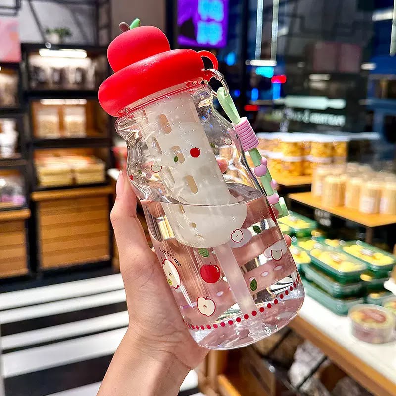 Botol Minum Anak Infused Water Motif Apel Desain Lucu 600ml Tutup Karakter Buah FOOD GRADE BPA-FREE dengan Sedotan & Tali Pegangan - Bottles