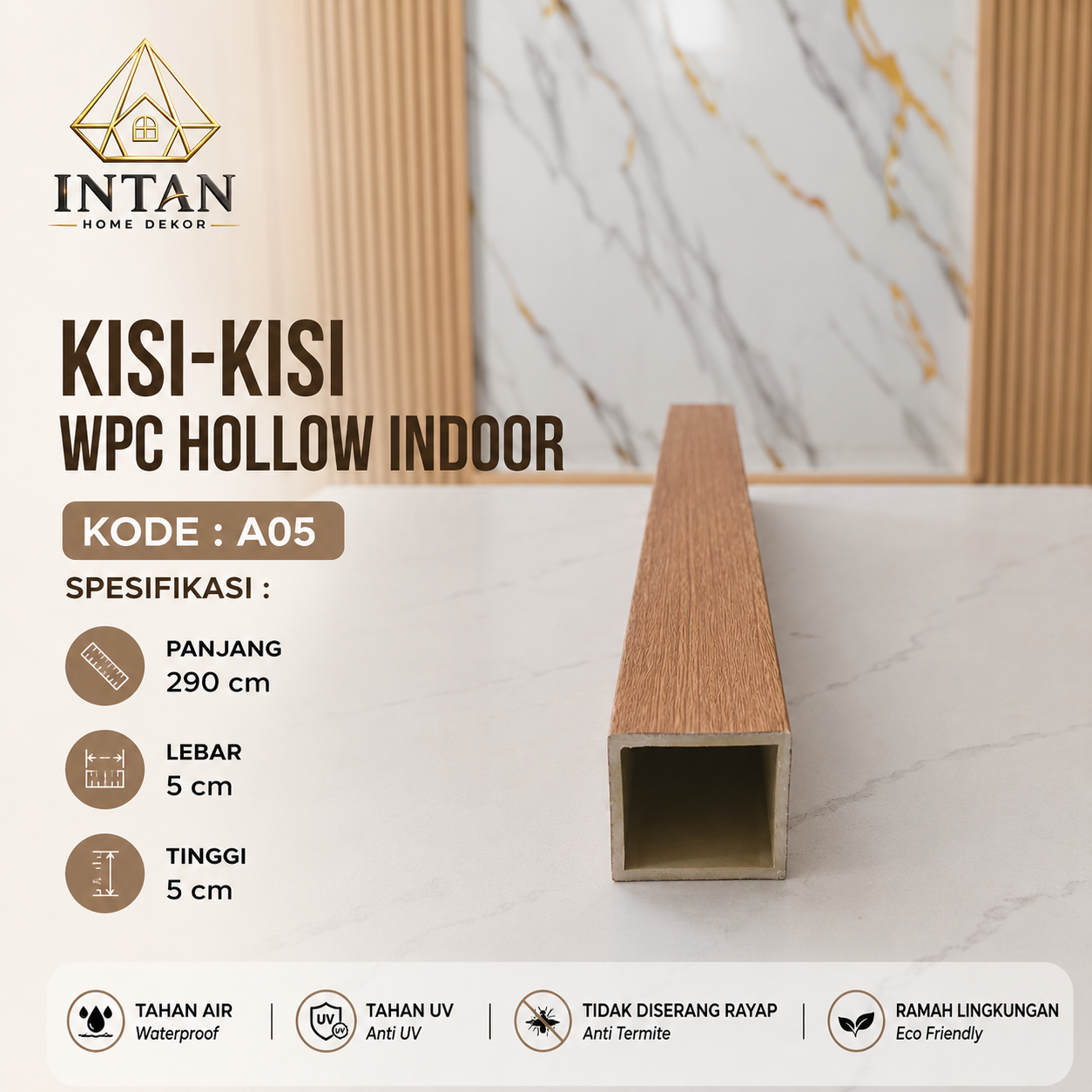 Kisi-kisi WPC Hollow Indoor A05 - Panjang 290 cm Lebar 5 cm Tinggi 5 cm - Tahan Air Tahan UV Tidak Diserang Rayap Ramah Lingkungan