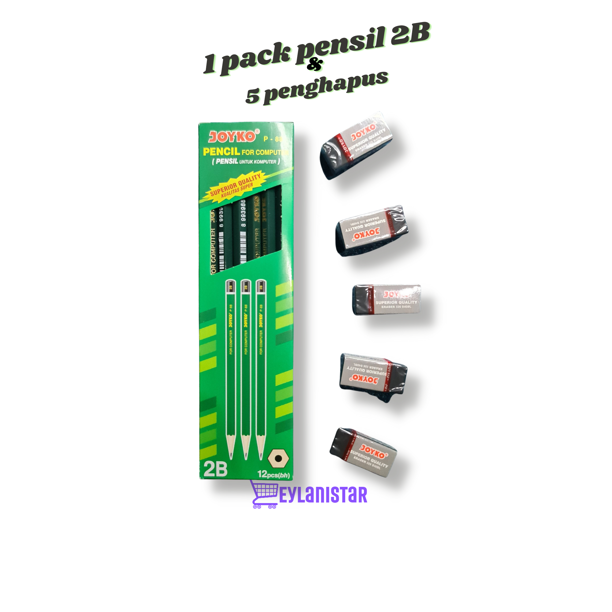 Paket Alat Tulis sekolah Pensil 2B Joyko dan Penghapus 5 Pcs Joyko Hitam