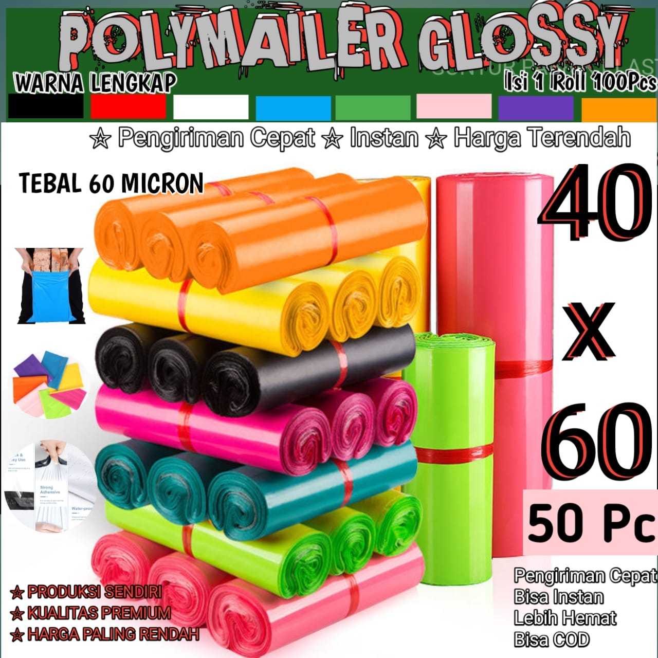 Polymailer Glossy 40x60 cm Isi 50 Pcs – Plastik Packing Polymer Online Shop Warna Lengkap Anti Air