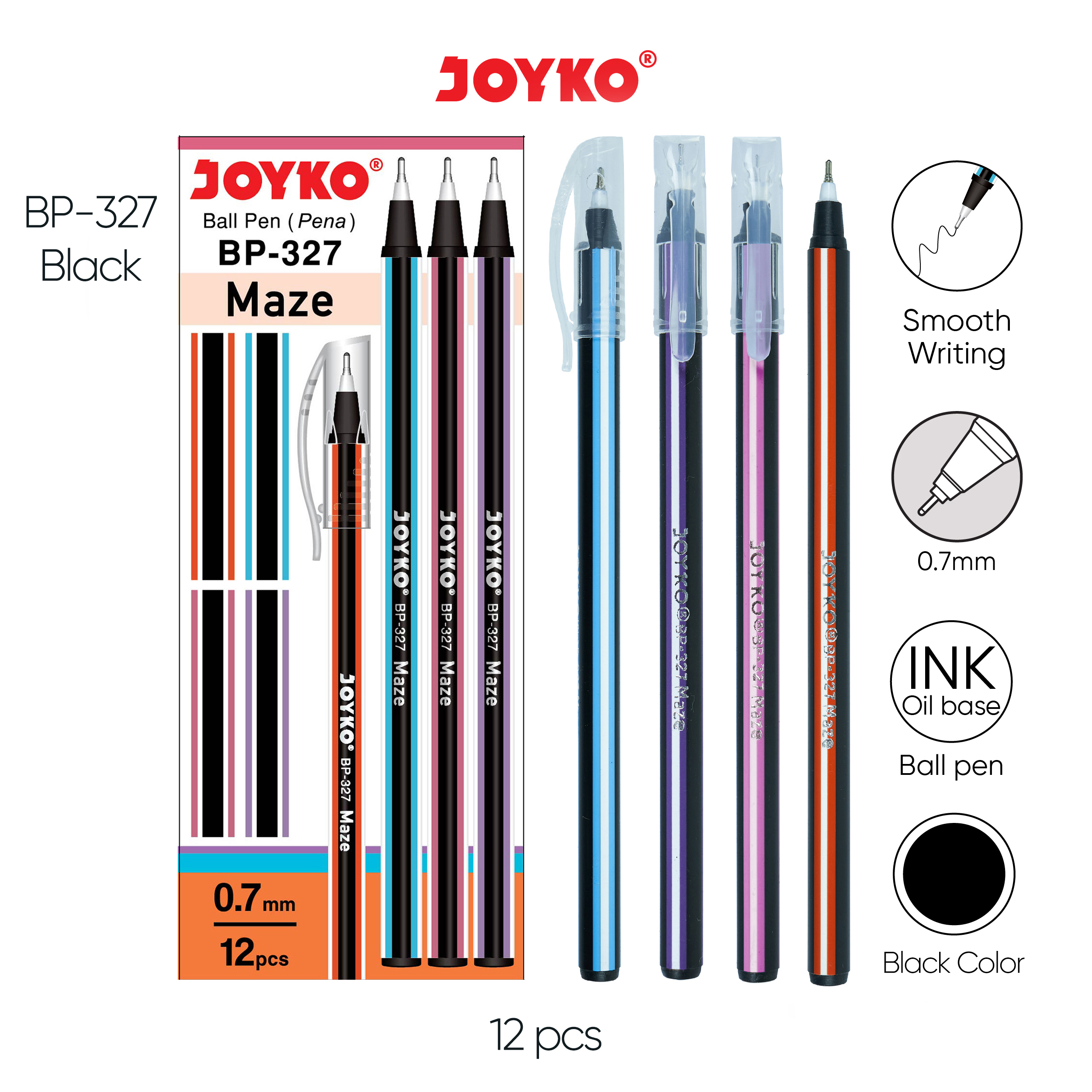 JOYKO Ball Pen Pulpen Pena BP-327 Maze 0.7 mm 1 Box 12 Pcs
