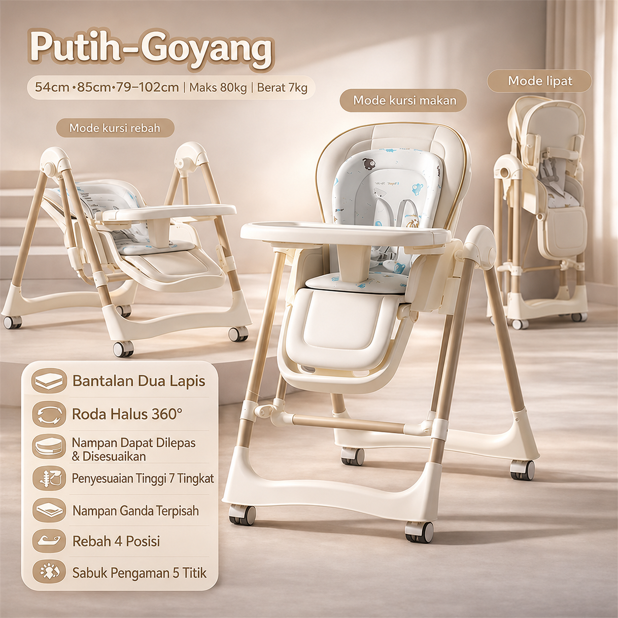 Kursi Makan Anak Bayi 6 in 1 Lipat Minimalis - High Chair for Baby+ Ayunan Seat Kulit Lembut Untuk 0-5 Tahun