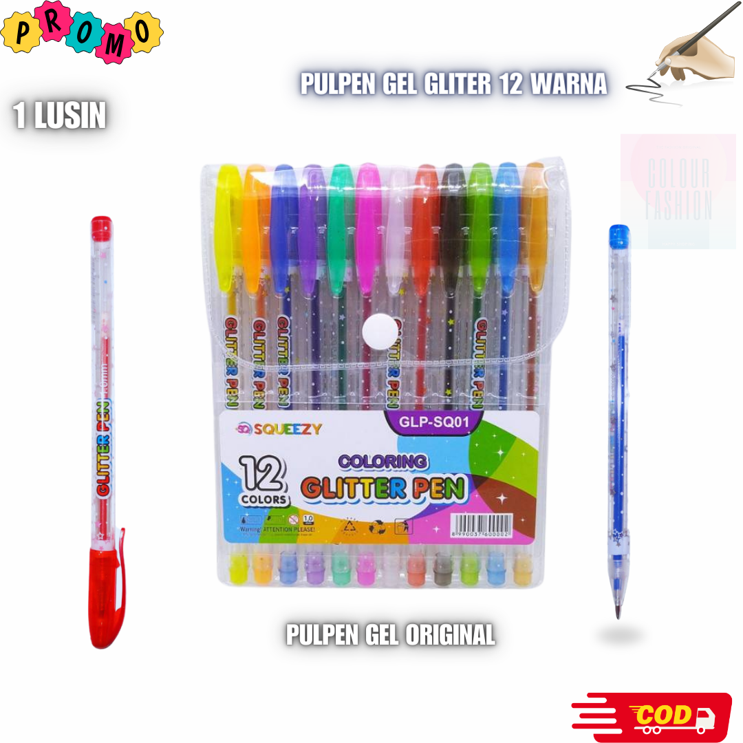PEN GEL GLITTER / PENA WARNA WARNI / PULPEN GEL WARNA 1.0mm (12 Warna) - Harga Grosir (1packs/12pcs ) - Pulpen Coloring Glitter Pen Gel 12 Warna SQUEEZY GLP-SQ01-Colour Fashion