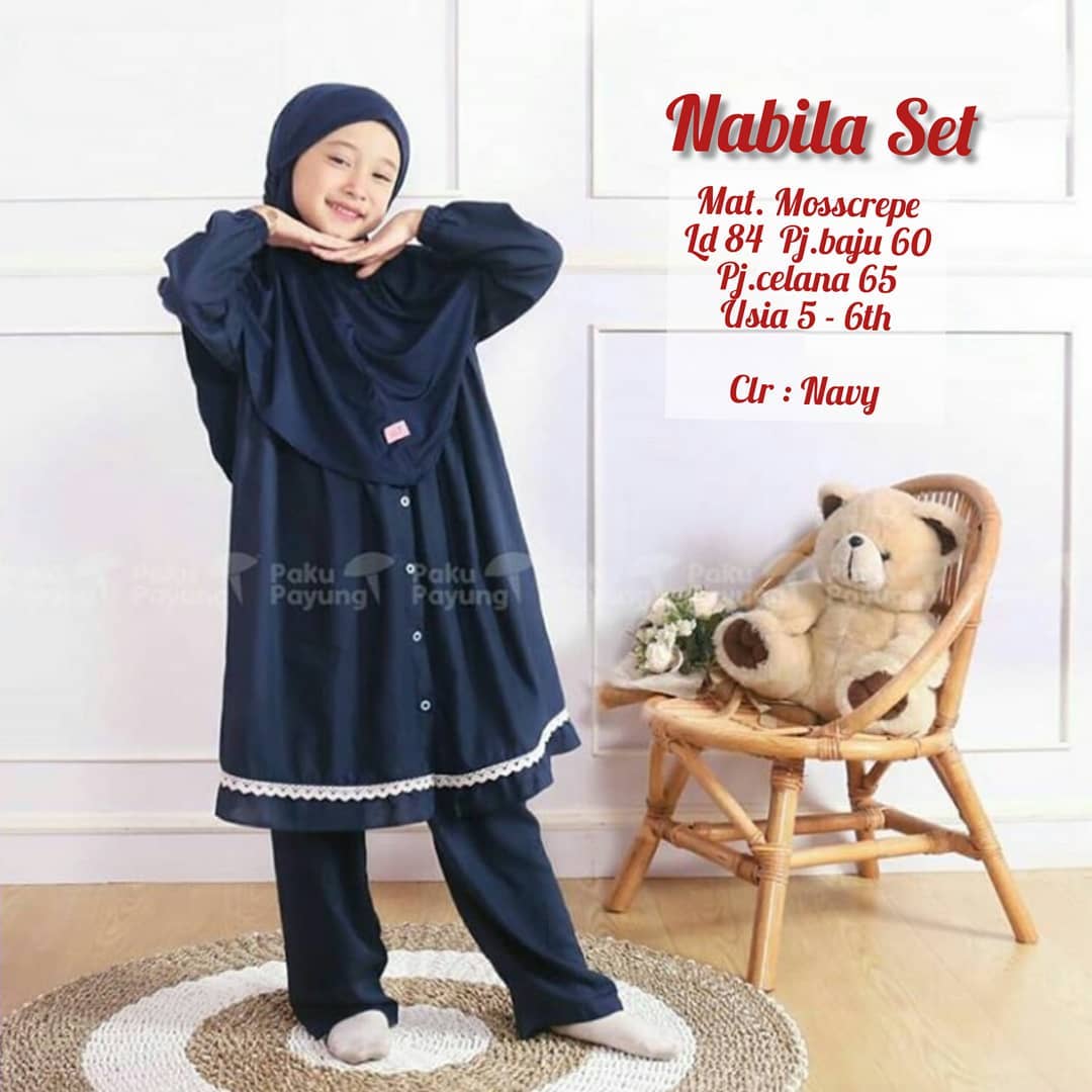 Baju Muslim Modern NABILA SET KIDS KF MOSSCRAPE 5 - 6 Tahun LD 84 CM PB 60 CM ( ATASAN + CELANA + HIJAB ) Baju Setelan Anak Perempuan Set 3in1 Anak Tanggung Setelan Anak Murah 2021