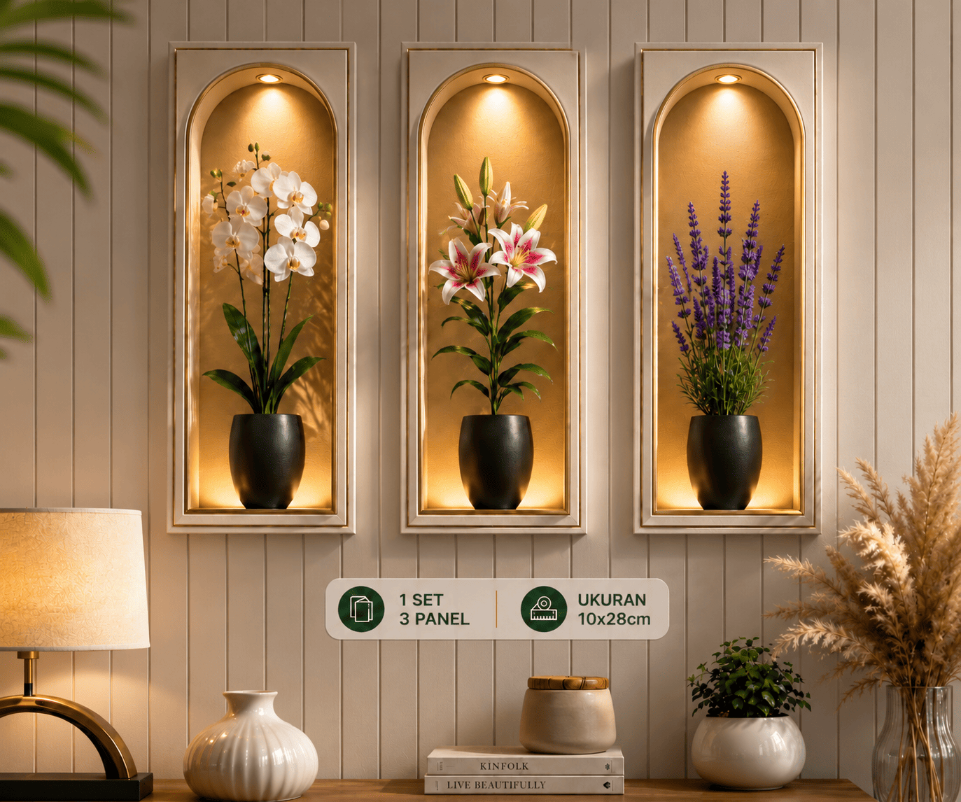 LANGSUNG KIRIM Hiasan Dinding Bunga 3D 1 Set Isi 3 Panel 10X28cm Wall Decor Art Pajangan Ruang Tamu Dekorasi Rumah