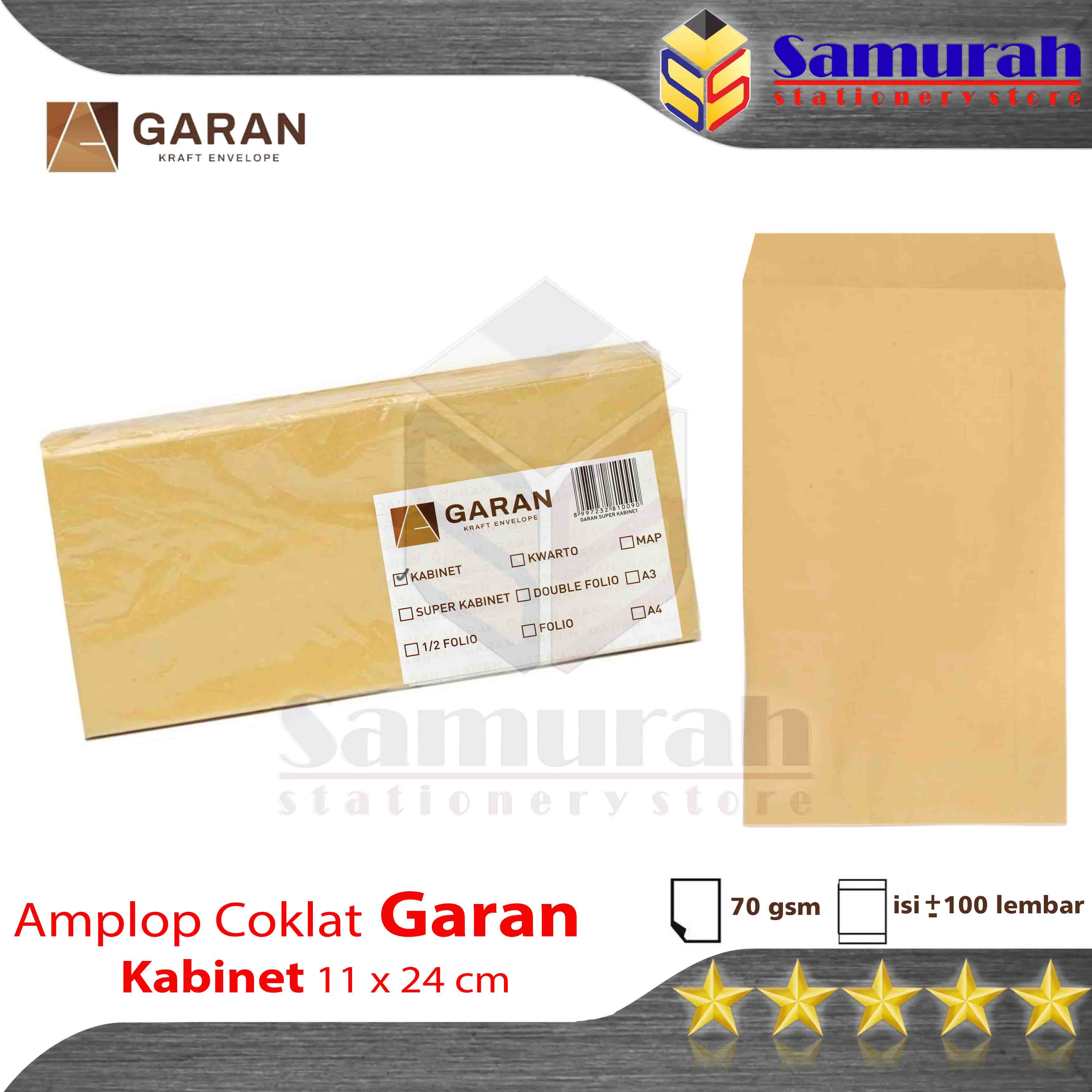 Amplop Kertas Coklat GARAN Ukuran Kabinet 11 x 24 cm 1 pak isi 100 / Amplop Gaji 70 Gsm - Gram Cabinet