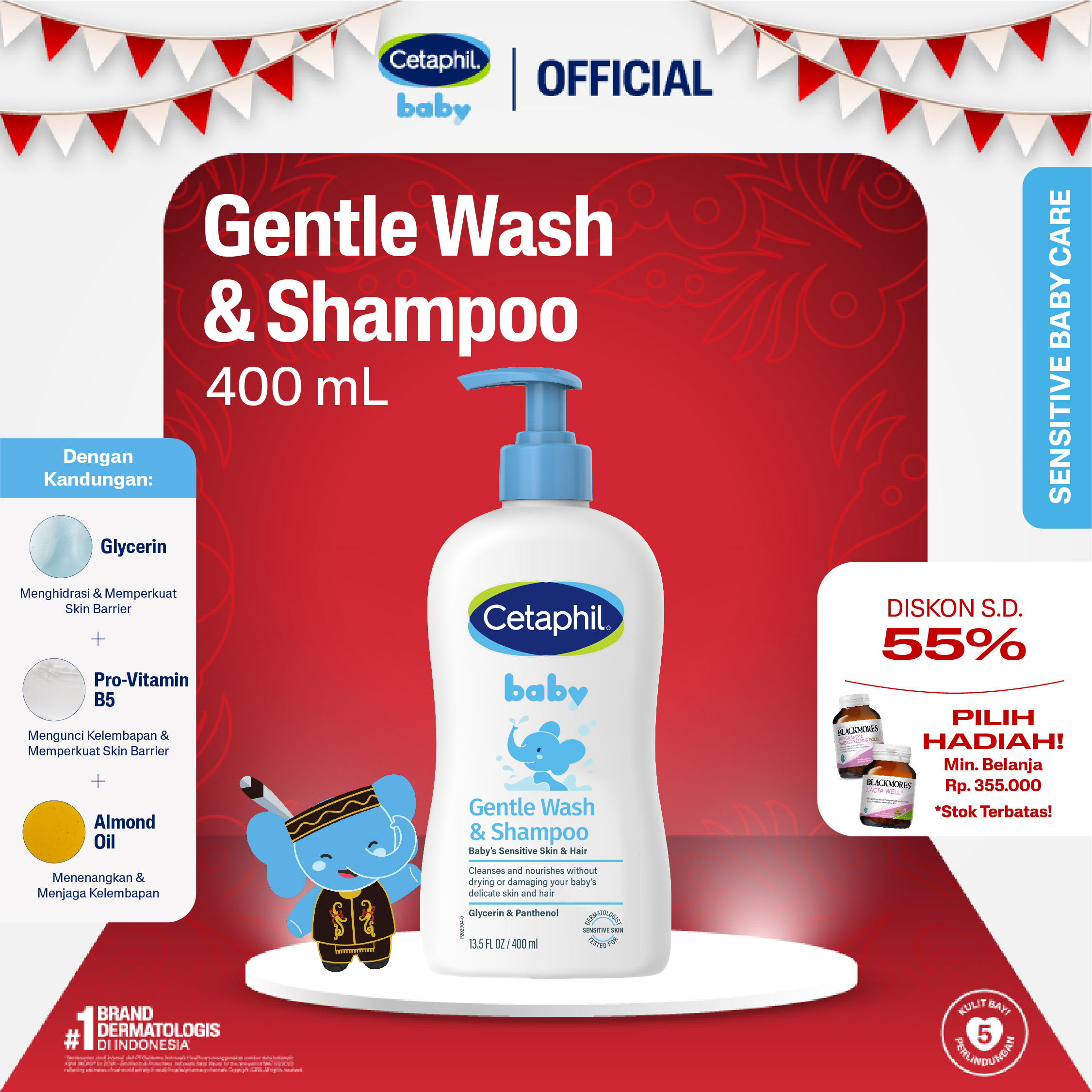 Cetaphil Baby Gentle Wash & Shampoo 400ml dengan Glycerin dan Panthenol Sabun Mandi dan Shampo untuk Perawatan Kulit Bayi