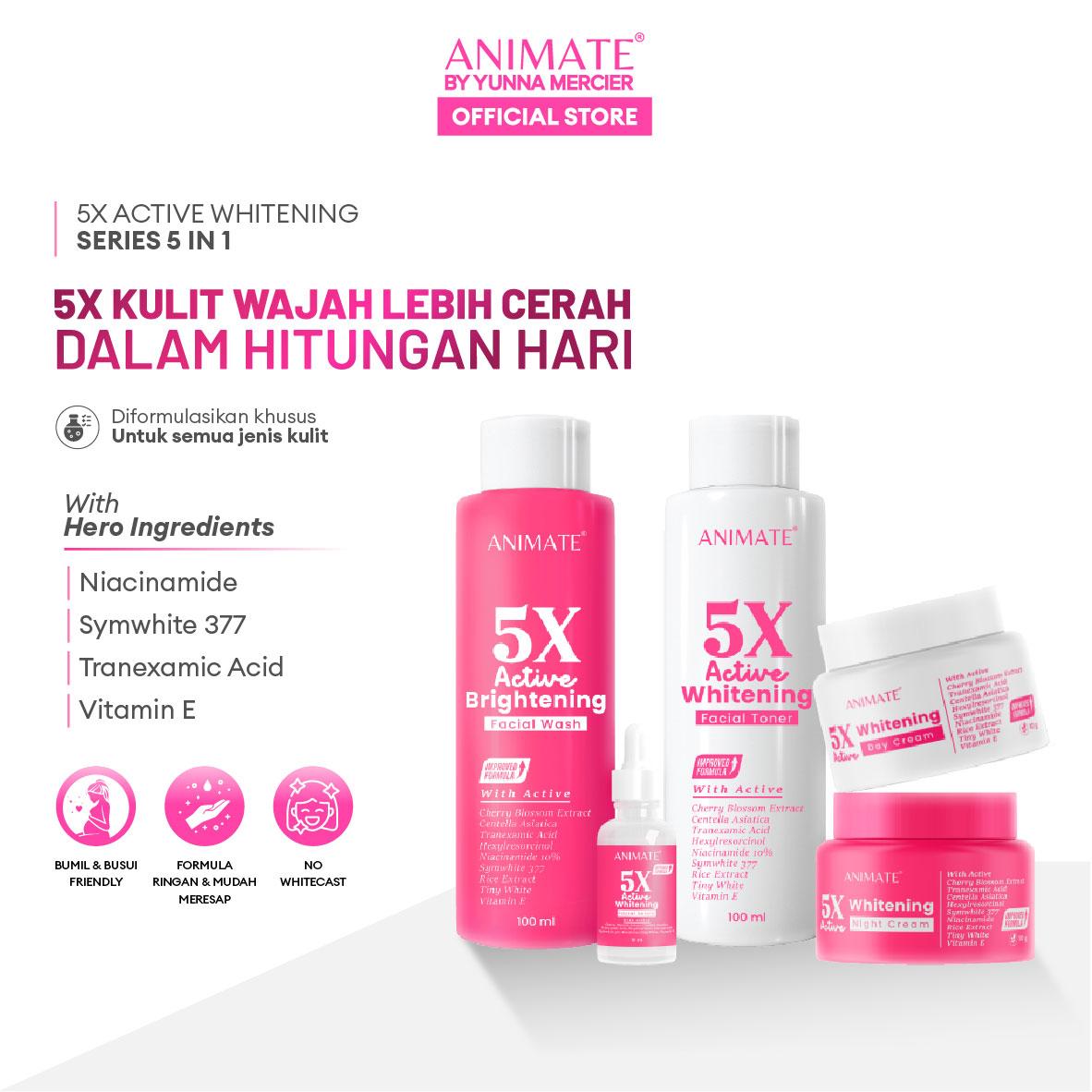 Animate 5x Active Whitening Series 5in1 [Set 5 Pcs] Toner Facial Wash Serum Day Cream Night Cream...