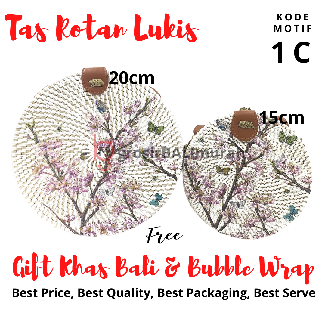 Tas rotan bali lukis deco 1C motif bunga sakura tali gesper bisa diatur by grosir bali murah 20cm tas rotan bali lukis deco 24c by gbm / tali gesper bisa atur