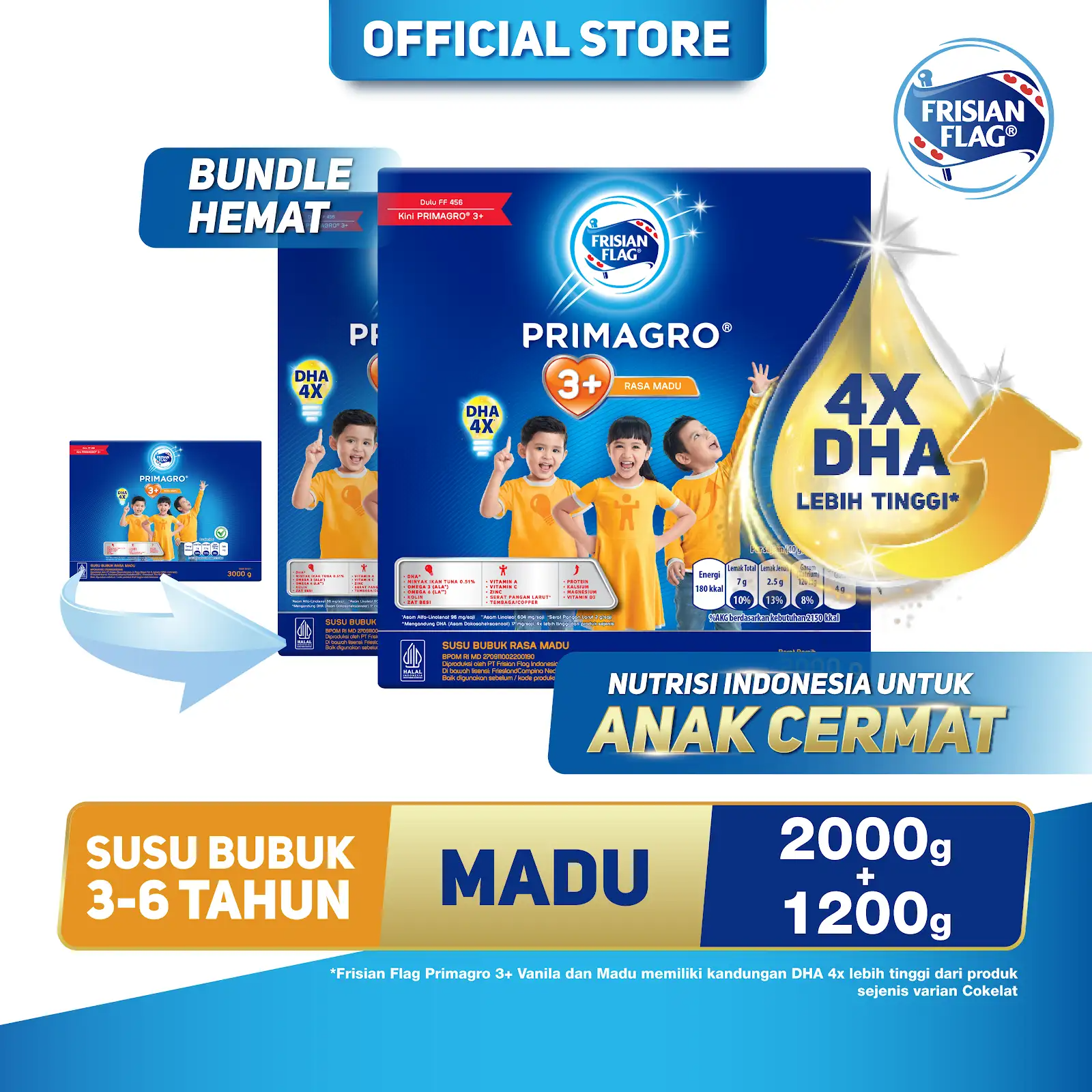 [LEBIH HEMAT] Frisian Flag Primagro 3+ Madu 3000gr + Extra 200gr
