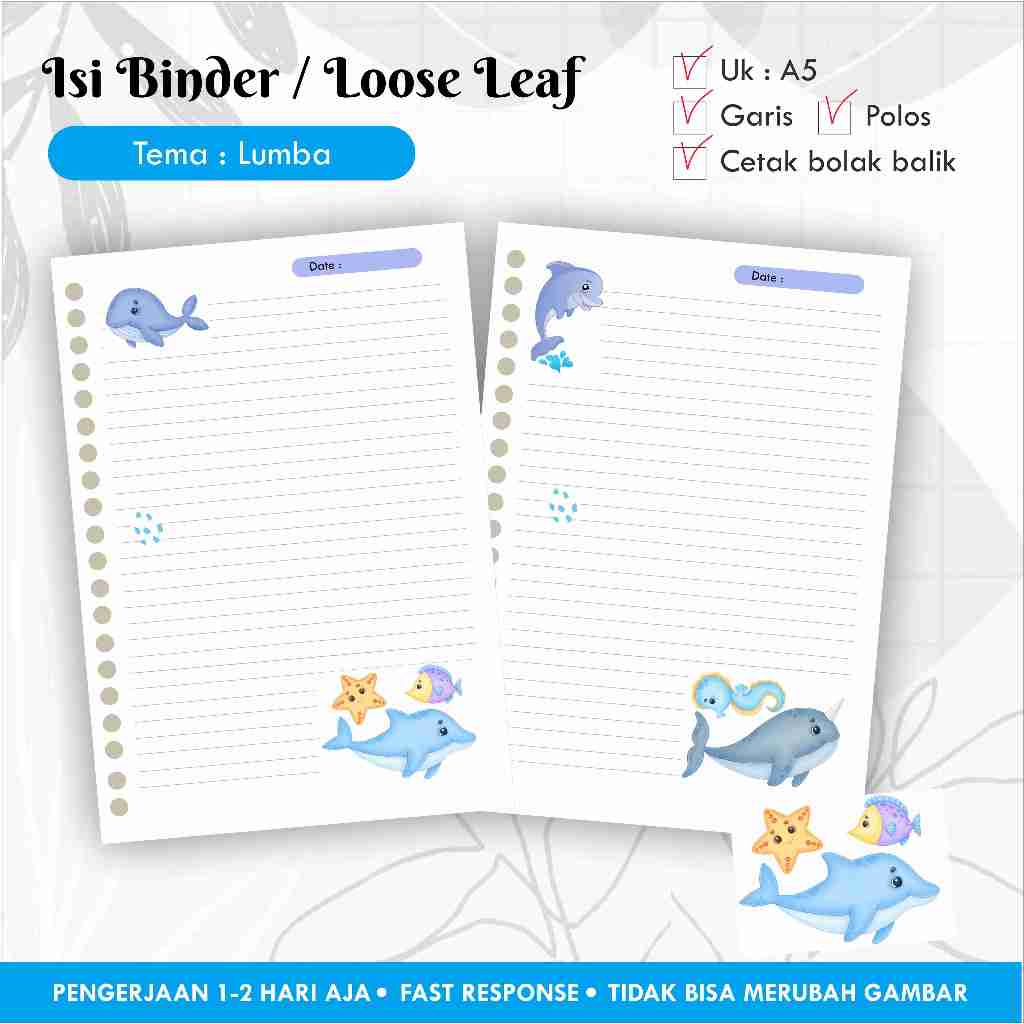 Isi Binder / Loose leaf gambar A5 Tema LUMBA/ Refill Map Binder / Garis Polos