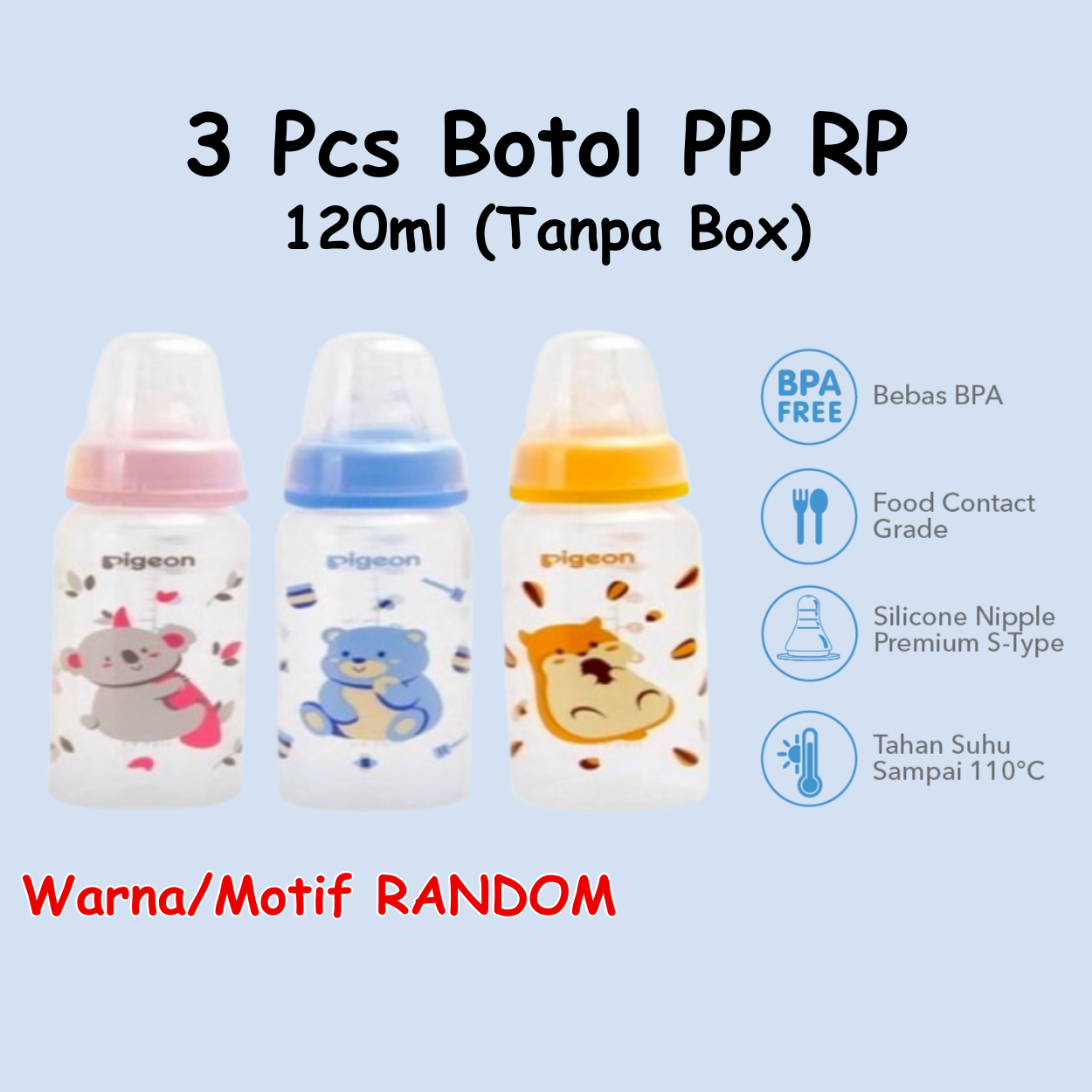 PIGEON PAKET BOTOL PP RP ISI 3 PCS SET BOTOL MINUM SUSU ANAK NIPPLE SLIM NECK 50ML/120ML