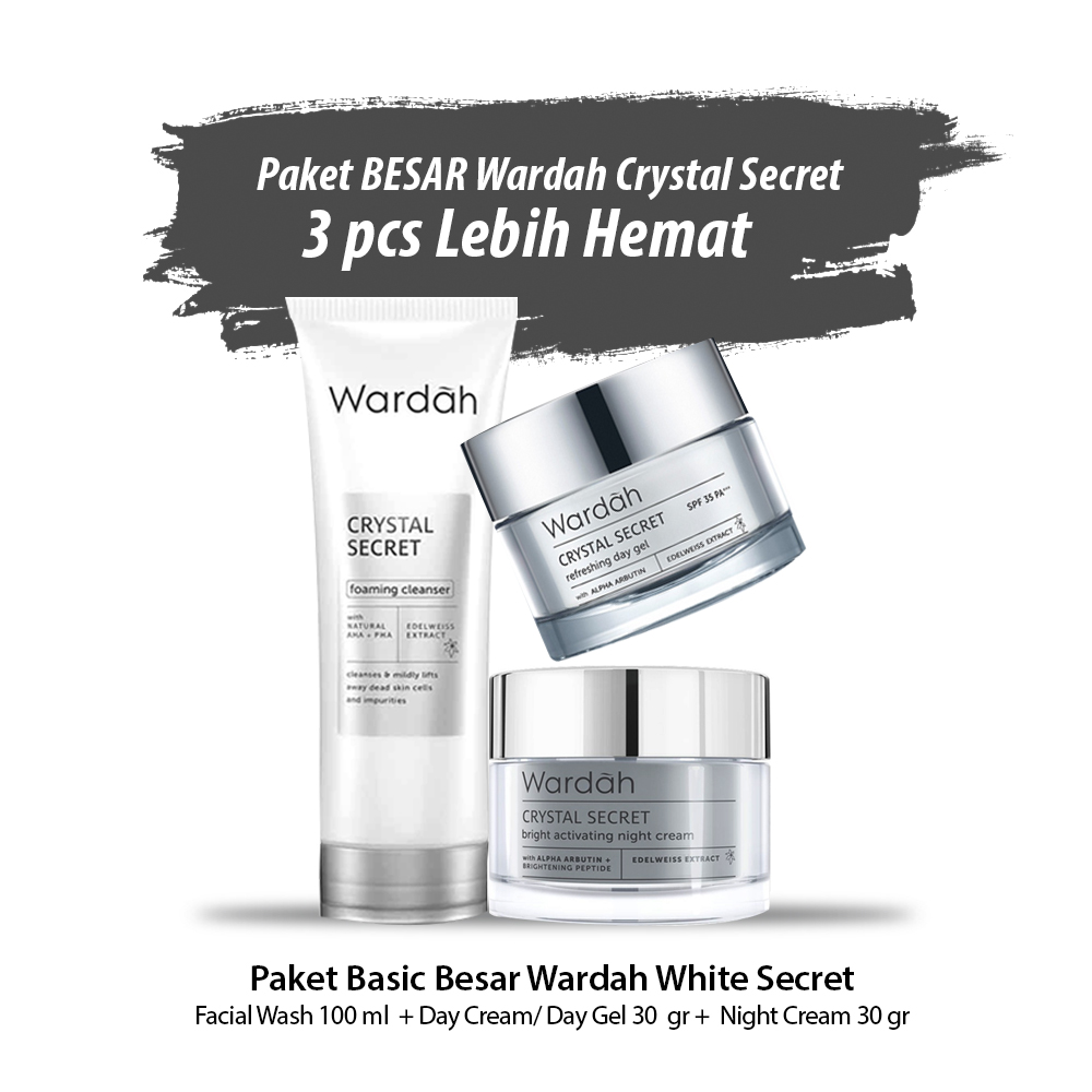 Paket Wardah Crystal Secret 3 pcs Ukuran Besar (Night Cream 30 ml, Day Cream / Day Gel 30 ml, Foaming Cleanser 100 ml )