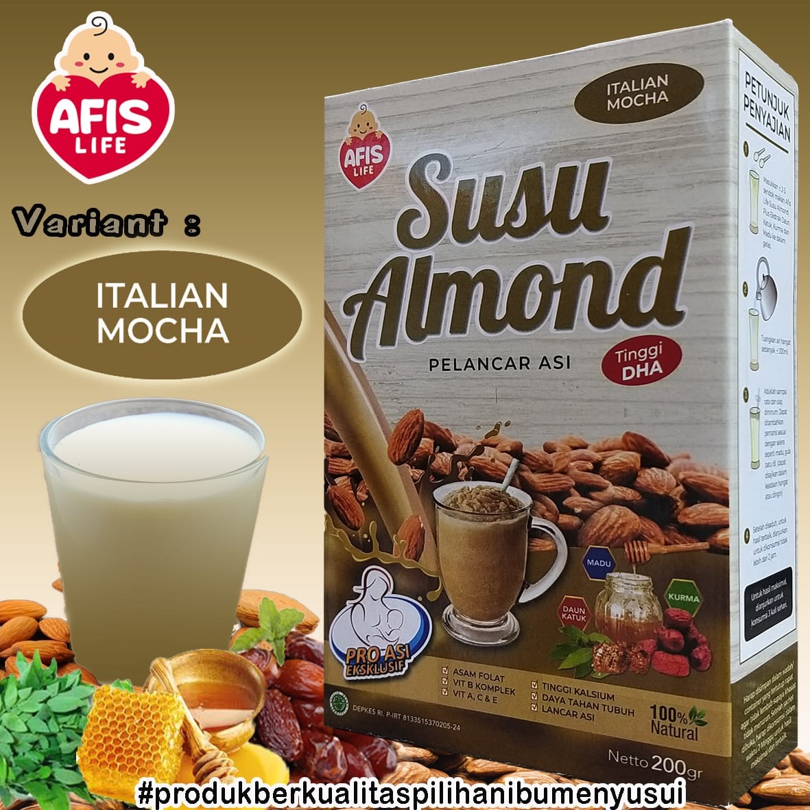 Afis Almond Pelancar Asi Booster 200 Gram Rasa ITALIAN MOCHA | Nutrisi bergizi Ibu Hamil dan Menyusui