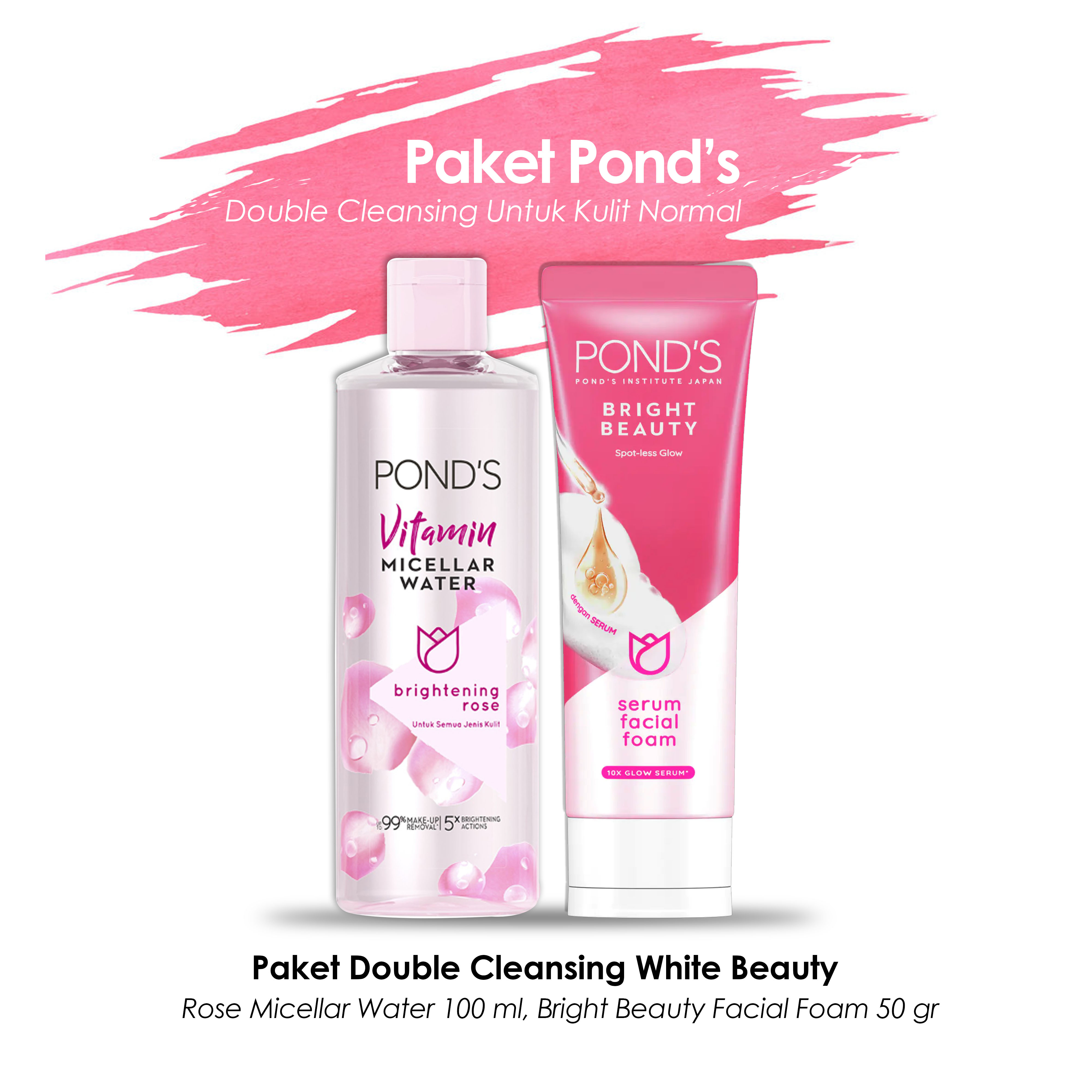 Paket Ponds Bright Beauty / White Beauty - Double Cleansing - 2 pcs Untuk Kulit Normal (Micellar Rose 100ml, Face Wash 50 ml)