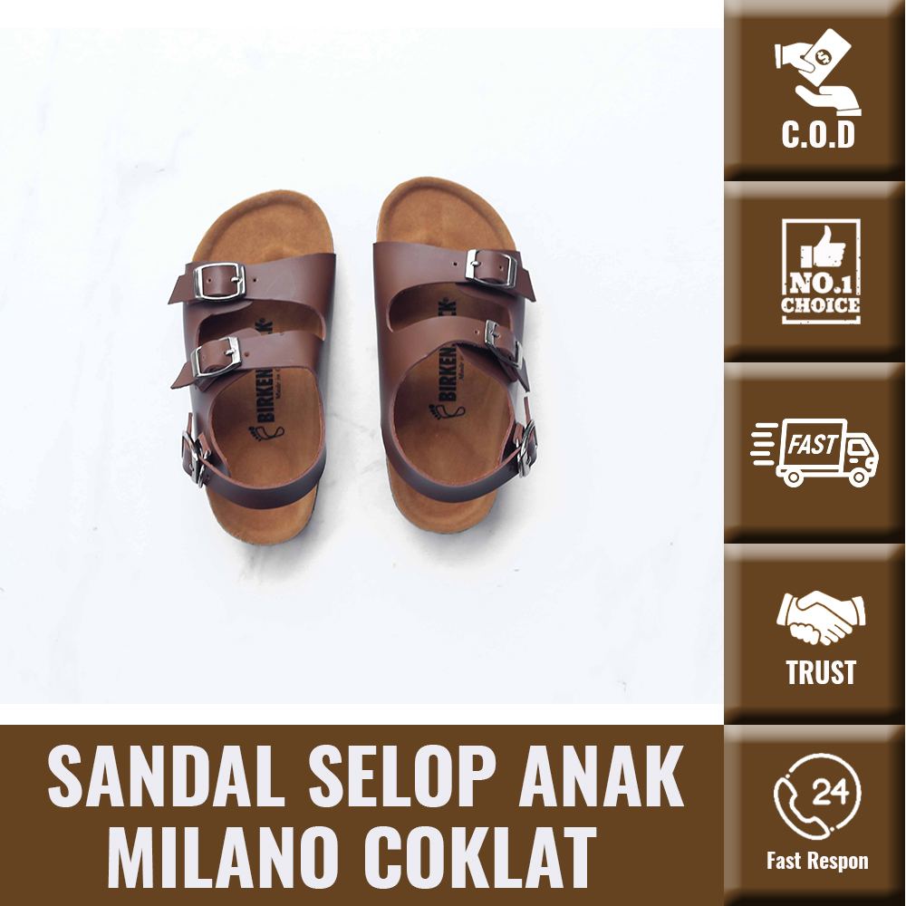 Sandal Selop Anak MILANO COKLAT Gesper 3 Tali Belakang sandal selop anak milano coklat gesper 3 tali belakang