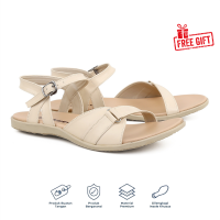 [FREE GIFT] Catenzo - JB 032 Sepatu Tali Flat Bahan Kulit Sintetis Wanita Casual Cream Warna Krem Kasual