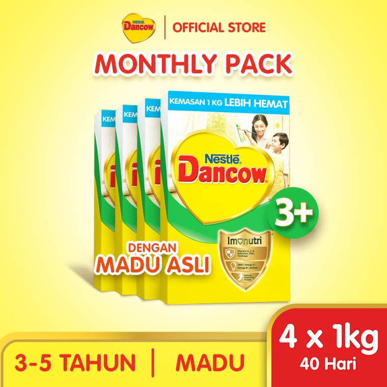 Nestlé DANCOW 3+ Madu Susu Pertumbuhan Anak 3-5 Tahun Box Bundle 4x1Kg (MONTHLY PACK)