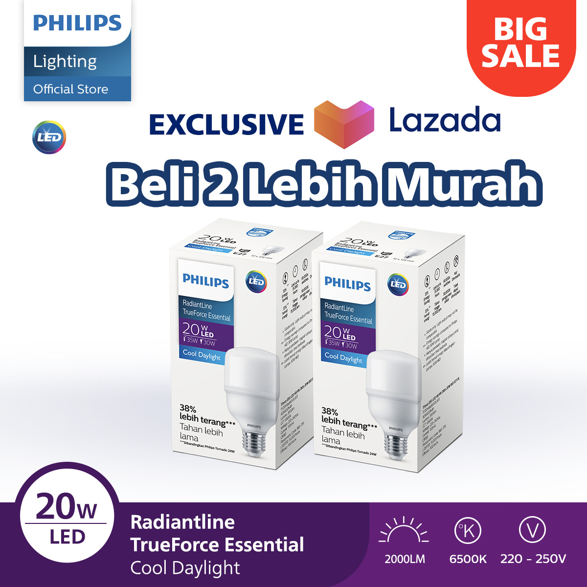 [PAKET HEMAT – LEBIH UNTUNG BELI 2!] Beli 2 Philips Lampu LED Trueforce Essential 20W E27 6500K Putih Lebih Murah