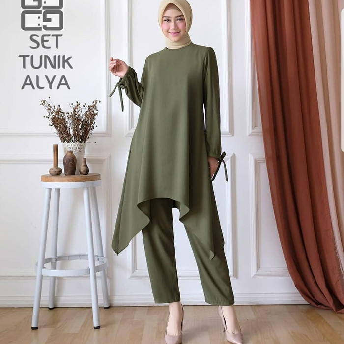 Baju Muslim Modern ALYA SET Bahan MOSSCRAPE Dapat ATASAN + CELANA Baju Setelan Wanita Baju Setelan Wanita Terbaru 2021 Remaja Setelan 2in1 BEST SELLER