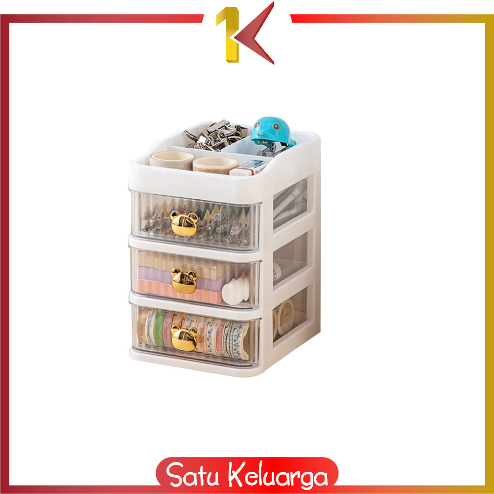 SK-K166 Rak Kosmetik Serbaguna 3 Laci Tempat Make Up Storage Box Bear / Rak Kotak Penyimpanan Alat Tulis / Desktop Drawer Rak Susun Serbaguna / Rak Meja Laci Import