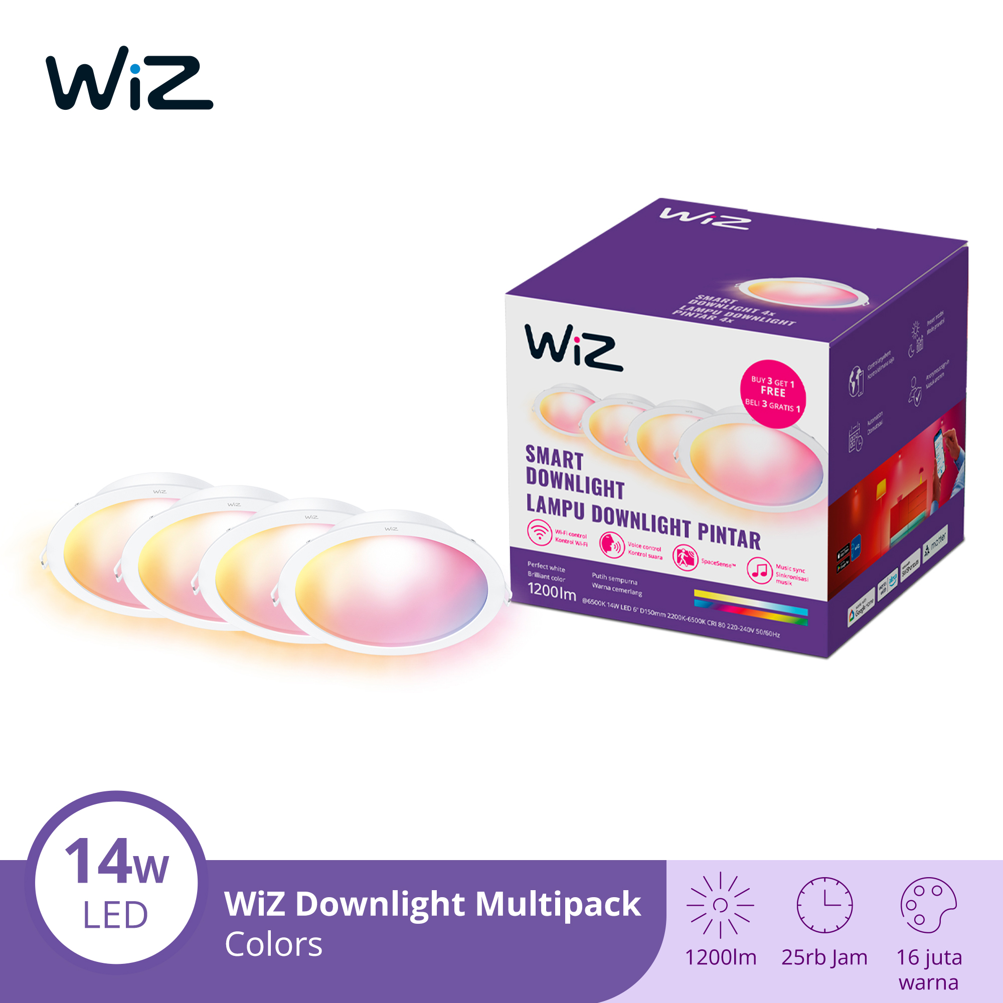 WiZ Lampu Smart LED Plafon Rumah Multipack Downlight WiFi RGB - Lampu Ceiling Plafon Panel 14W RGB