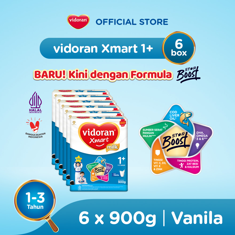 vidoran Xmart 1+ Vanilla 900gr Susu Formula Pertumbuhan Anak 1-3 Tahun - 6 box - Exp : 07.2027