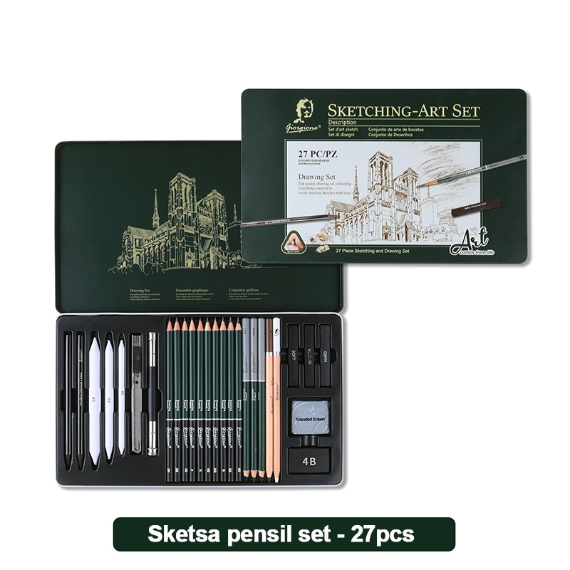 Giorgione Set Pensil Sketsa & Arang 19/27 Pcs pensil gambar satu set lengkap Lengkap Untuk Siswa Seni & Pemula | Alat Lukis Profesional Serbaguna
