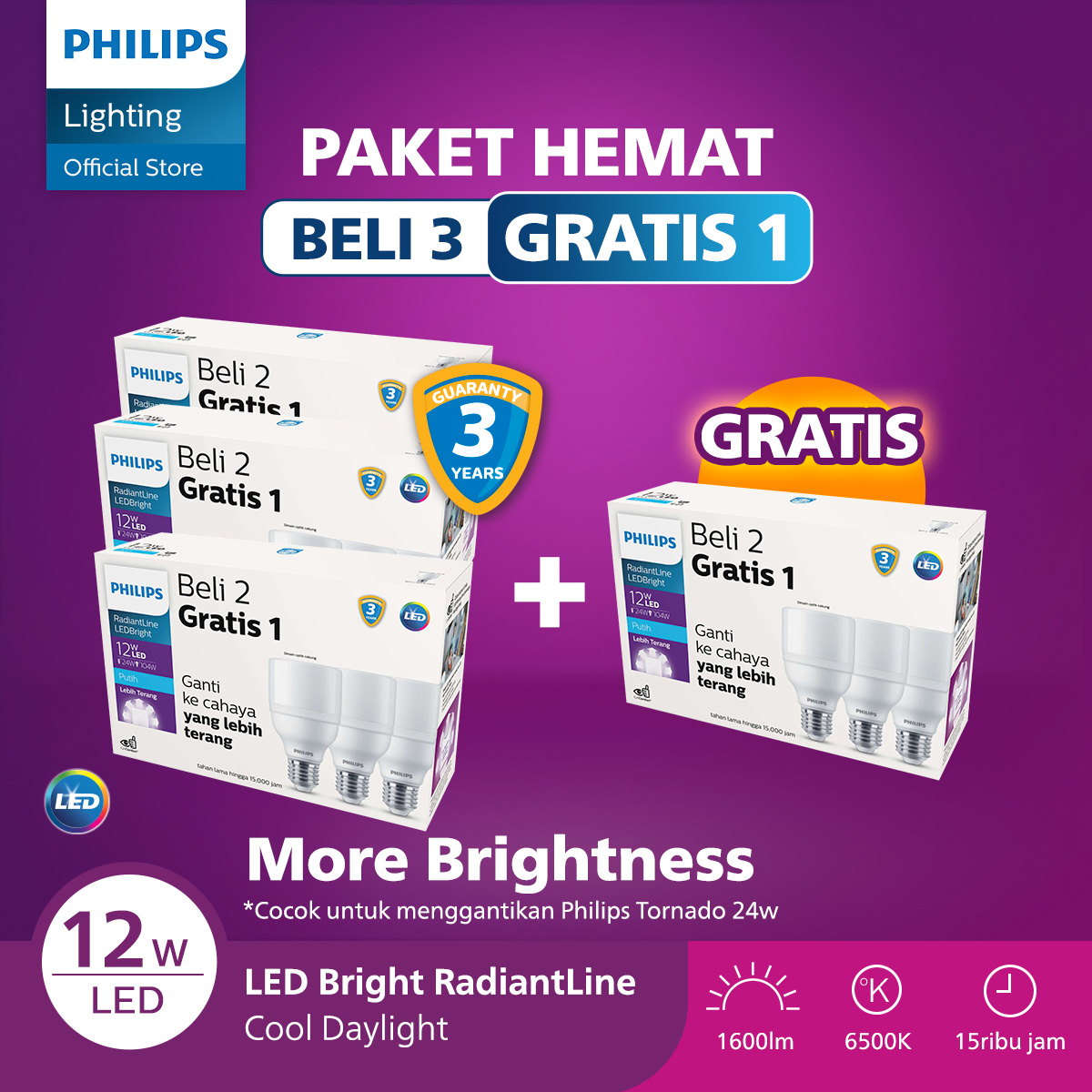Philips Lampu LED Paket Beli 3 Gratis 1 Lampu Multipack Radiantline LED Bright 12W 6500K