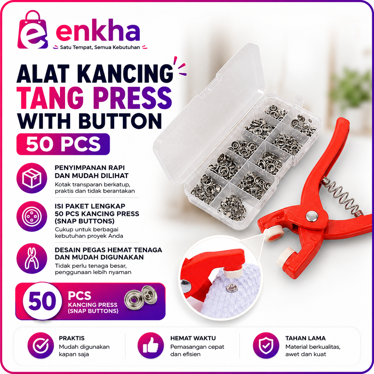 Alat Pasang Kancing Tang Press Manual dengan 50 Kancing Praktis dan Mudah Digunakan