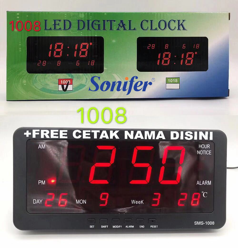 Sonifer Jam Meja / Jam Dinding Digital SMS-1008 Alarm Clock LED Merah 21 x 10 cm FREE CUSTOM NAMA