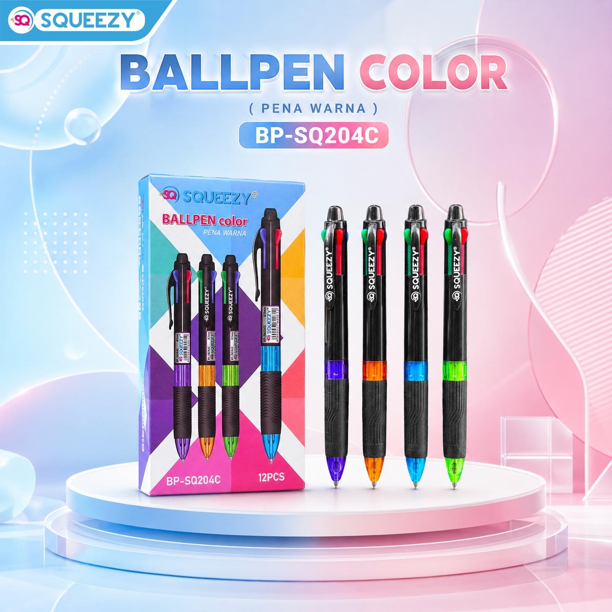 SQUEEZY Ballpoint 4 Warna 0.7mm | Bolpoin 4 in 1 Multicolor | Ballpen 4 Warna 1 Pak Isi 12 Pcs Sekolah & Kantor | BP-SQ204C