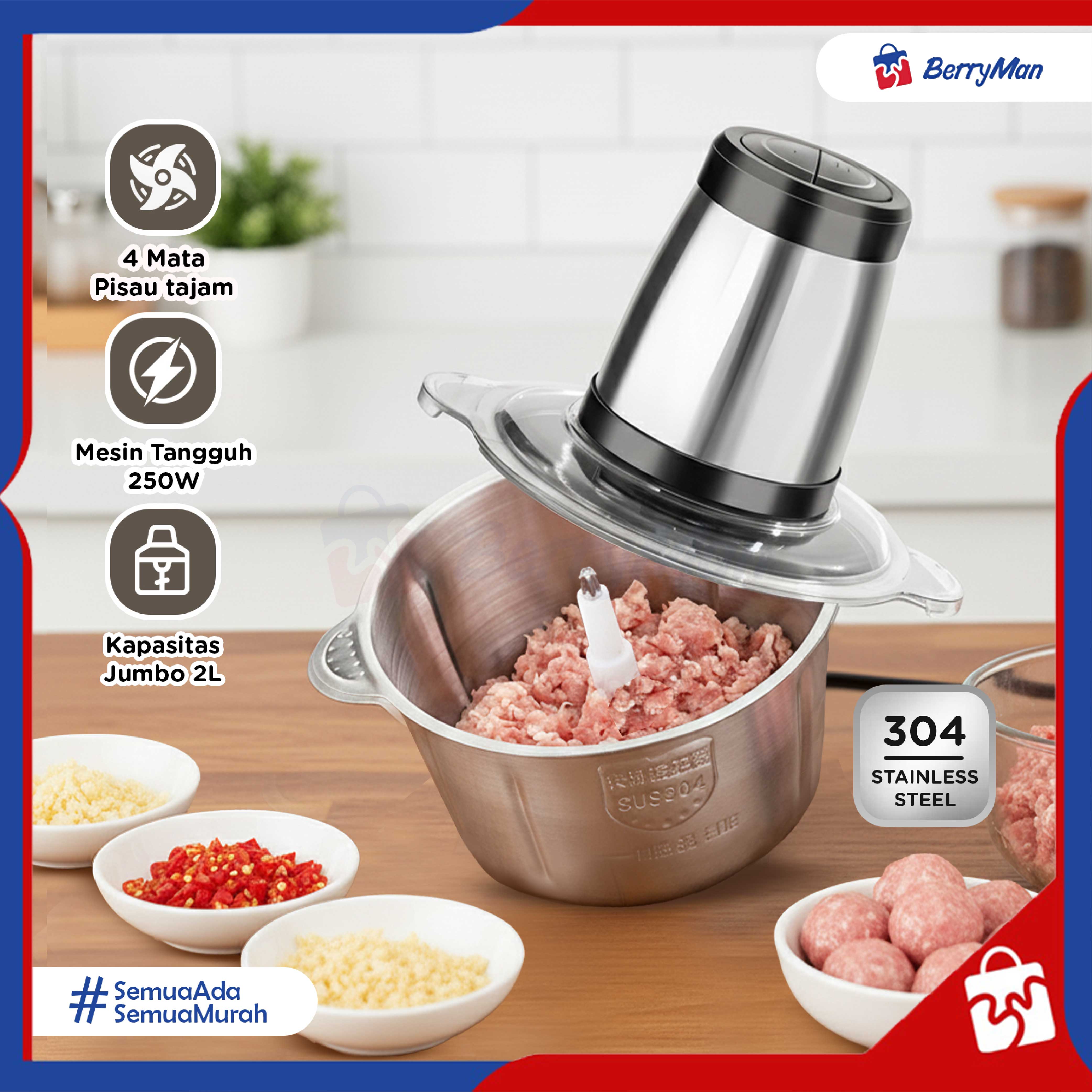 Blender Penggiling Daging 2 Liter 4 Mata Pisau Stainless Steel Meat Chopper Processor Elektrik Mu...