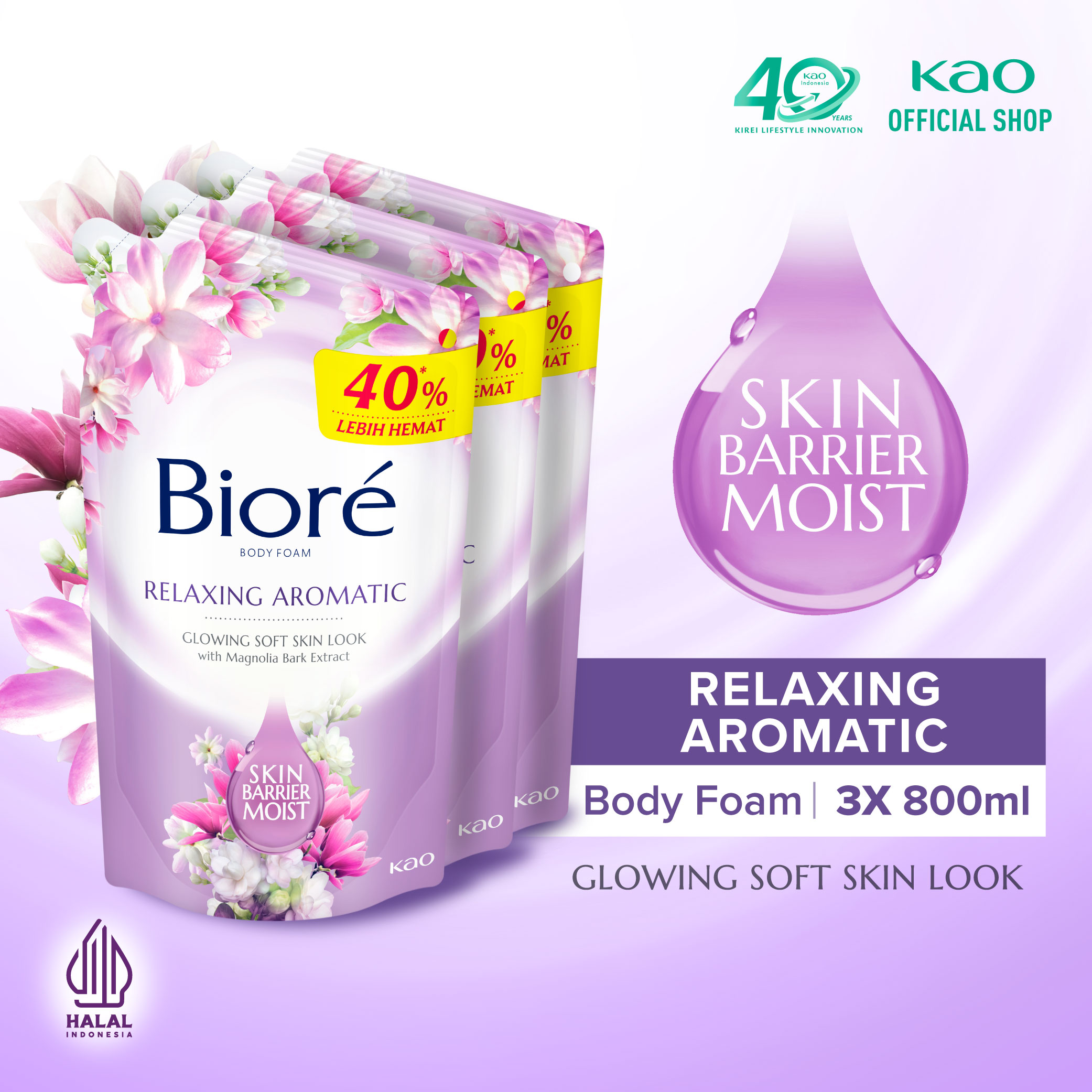 Biore Sabun Mandi Cair Body Foam Relaxing Aromatic Pouch 800ml x3