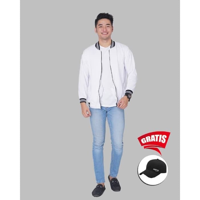 Vallenca Jaket Boomber Pria Putih Polos Gratis Topi Unik vallenca jaket boomber pria putih polos gratis topi unik