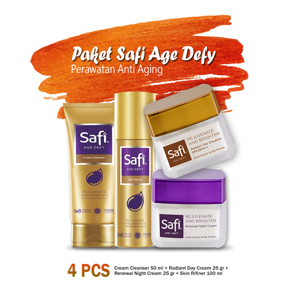 Paket Safi Age Defy 4 pcs (Cream Cleanser 50 ml/100 ml + Day Cream 25 gr + Night Cream 25 gr + Skin Rifiner 100 ml)