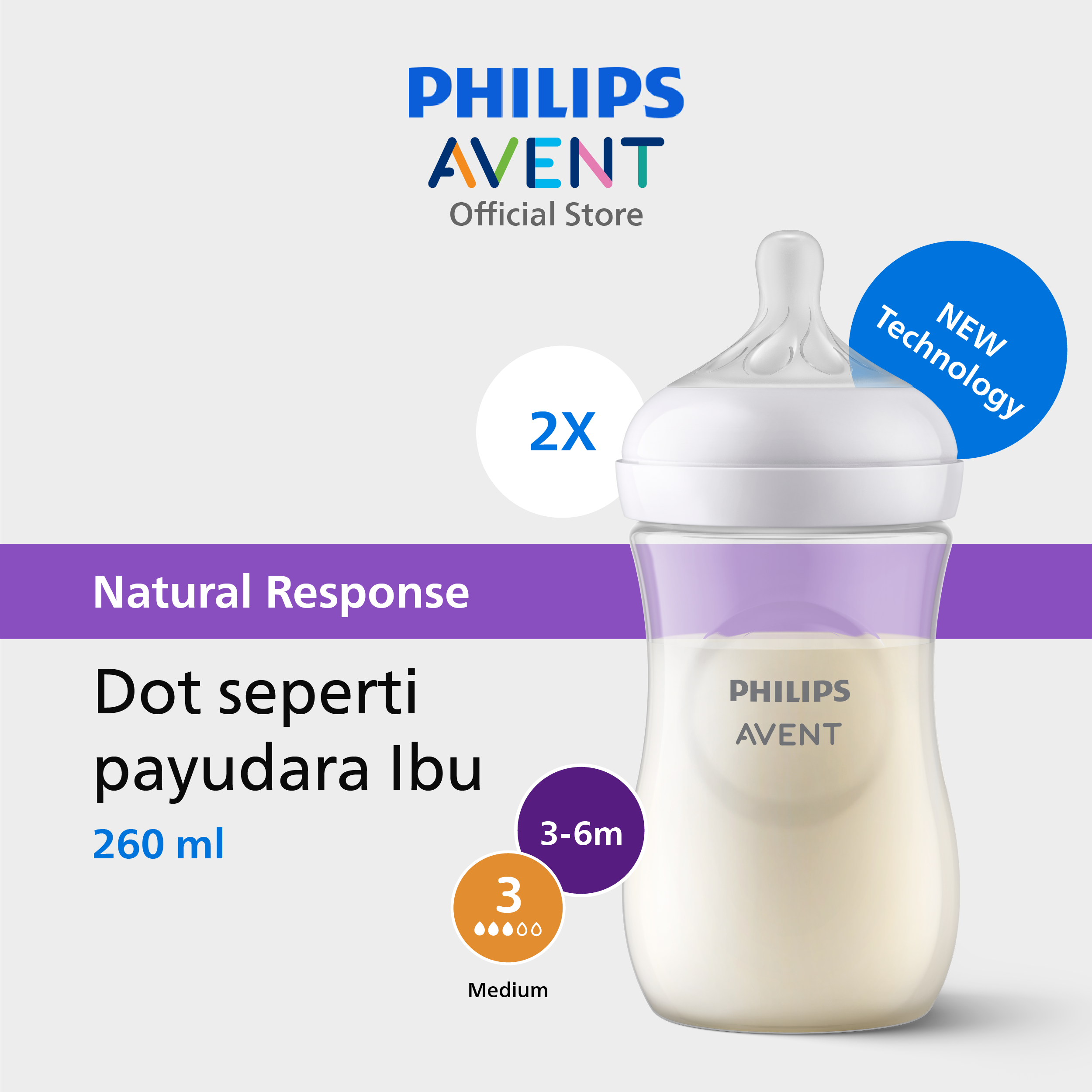 Philips Avent | Botol Susu Bayi | Natural Response | Dot Seperti Payudara Ibu | 260 ml | Single | SCY903/01
