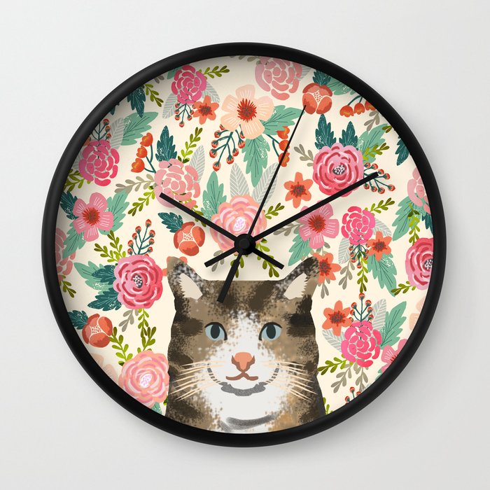 Jam Dinding kucing kucing potret hewan peliharaan bunga kucing