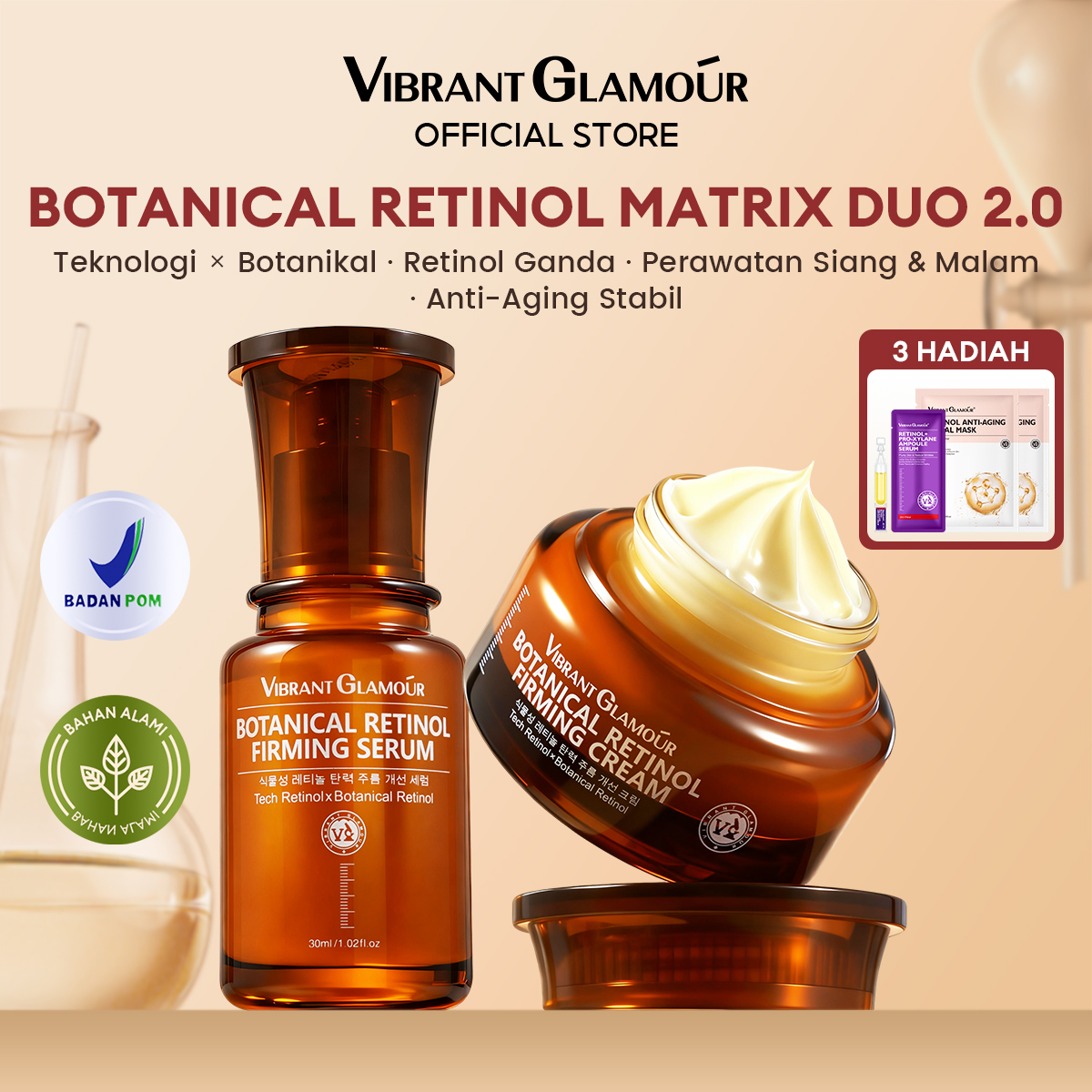 VIBRANT GLAMOUR [BPOM] Morning Niacinamide + Night Retinol Scientific Combo 2.0 (4pcs Set) | Pemudar Titik Cepat + Pencerah + Anti Penuaan + Perbaikan Penghalang Serum Retinol Botani + Krim